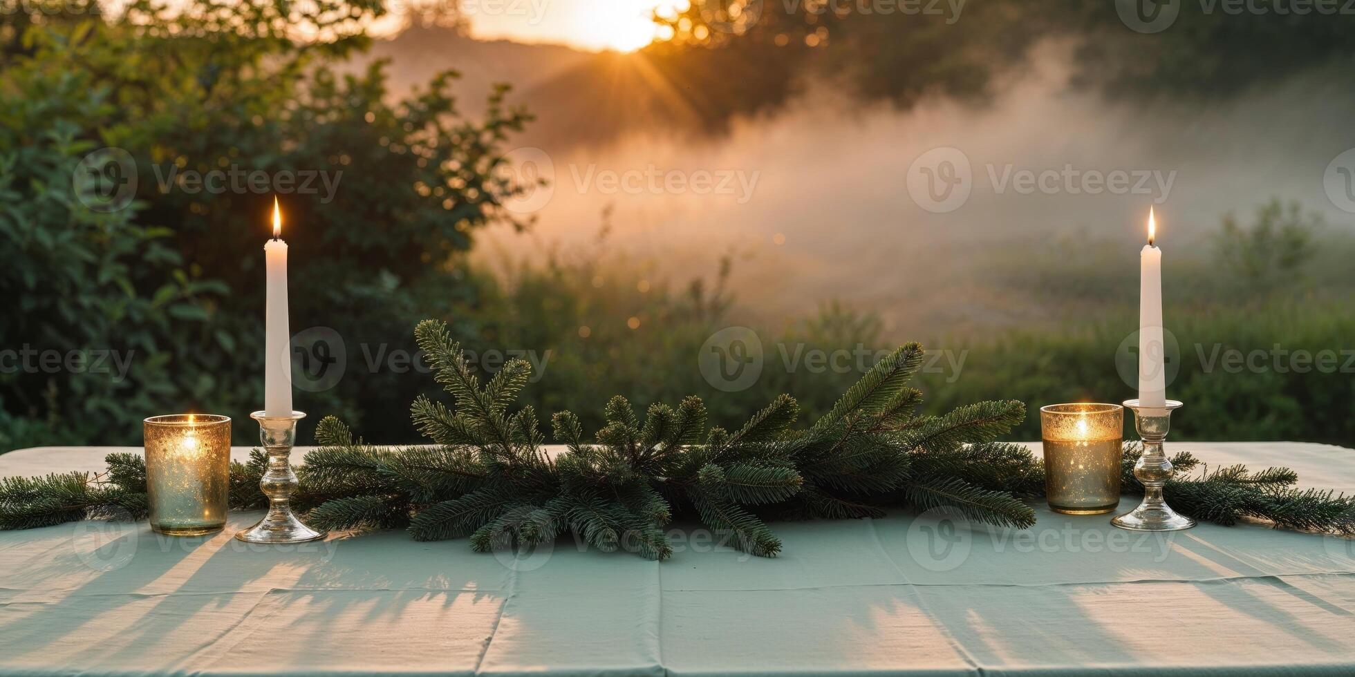 Serene outdoor candlelit table setting at sunset with greenery in nature background photo