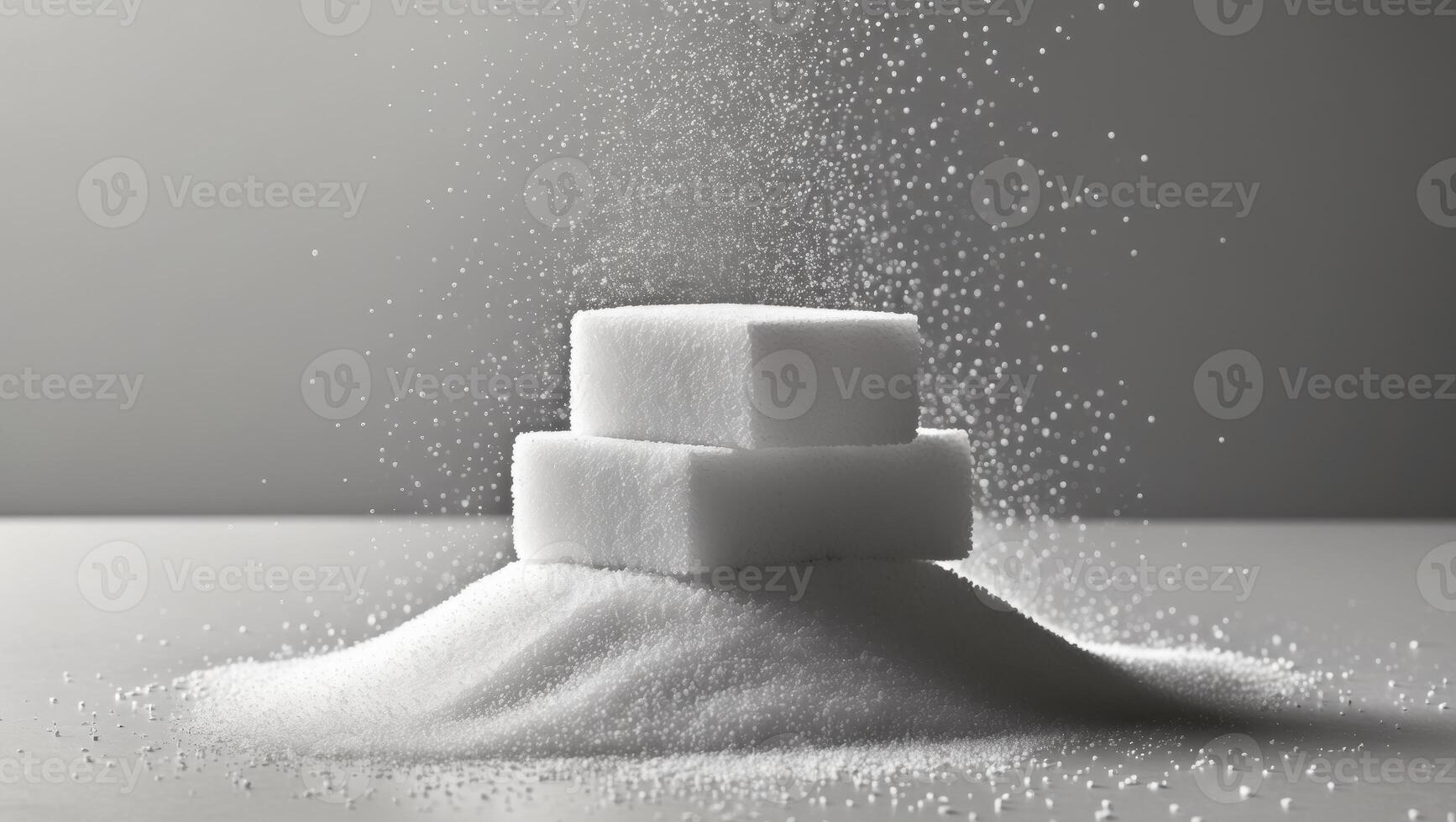 White sugar cubes stacked with granulated sugar spilling around. photo