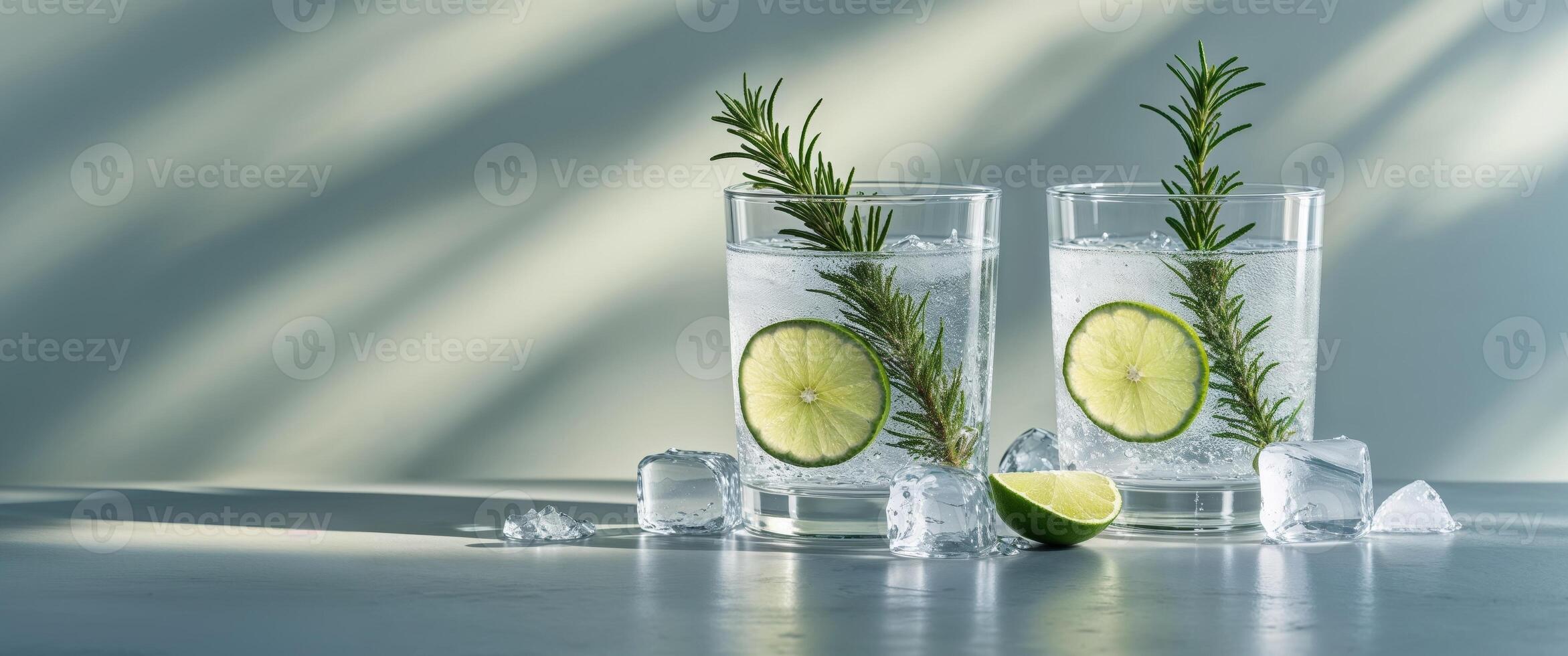 Refreshing sparkling water with lime and rosemary in glasses on ice photo