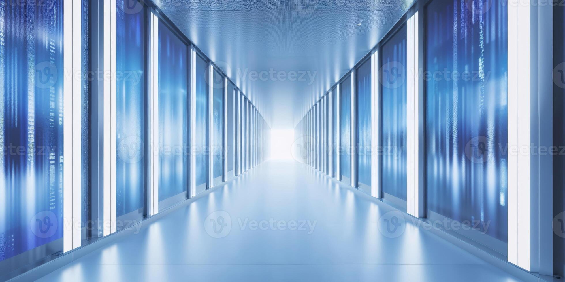 Futuristic digital corridor with vibrant screens and glowing lights. photo