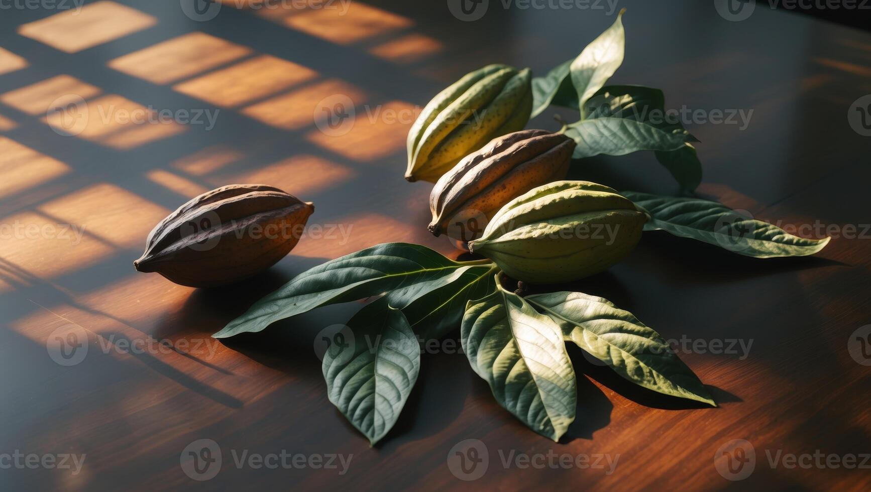 Cocoa pods and leaves arranged on dark wooden table creating cozy atmosphere photo