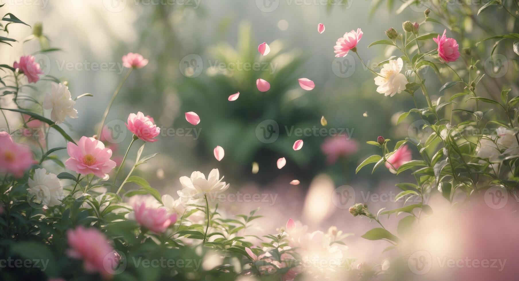 Beautiful pink and white flowers with falling petals in a serene garden setting. photo