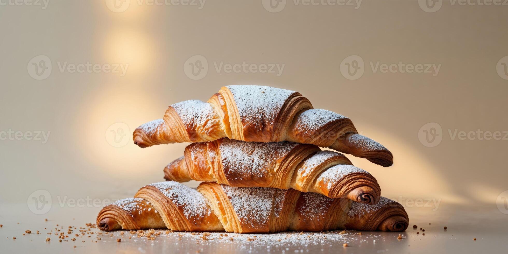 freshly baked croissants stacked with powdered sugar and crumbs in a warm golden light photo