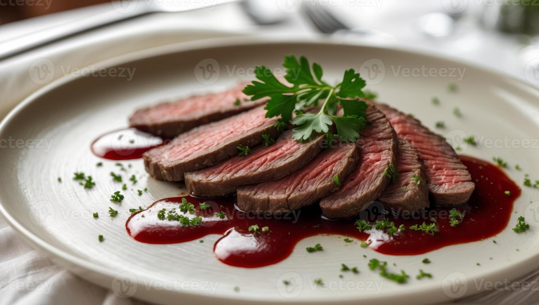 A plate of Beef fillet and red wine sauce. photo