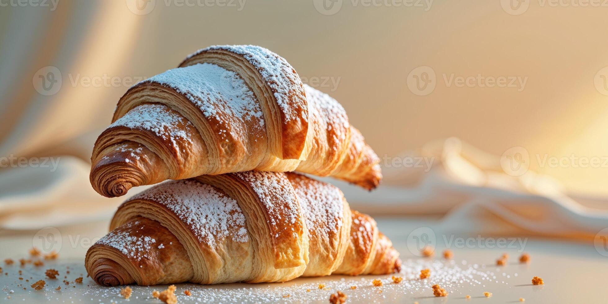 freshly baked croissants stacked with powdered sugar and crumbs in a warm golden light. photo