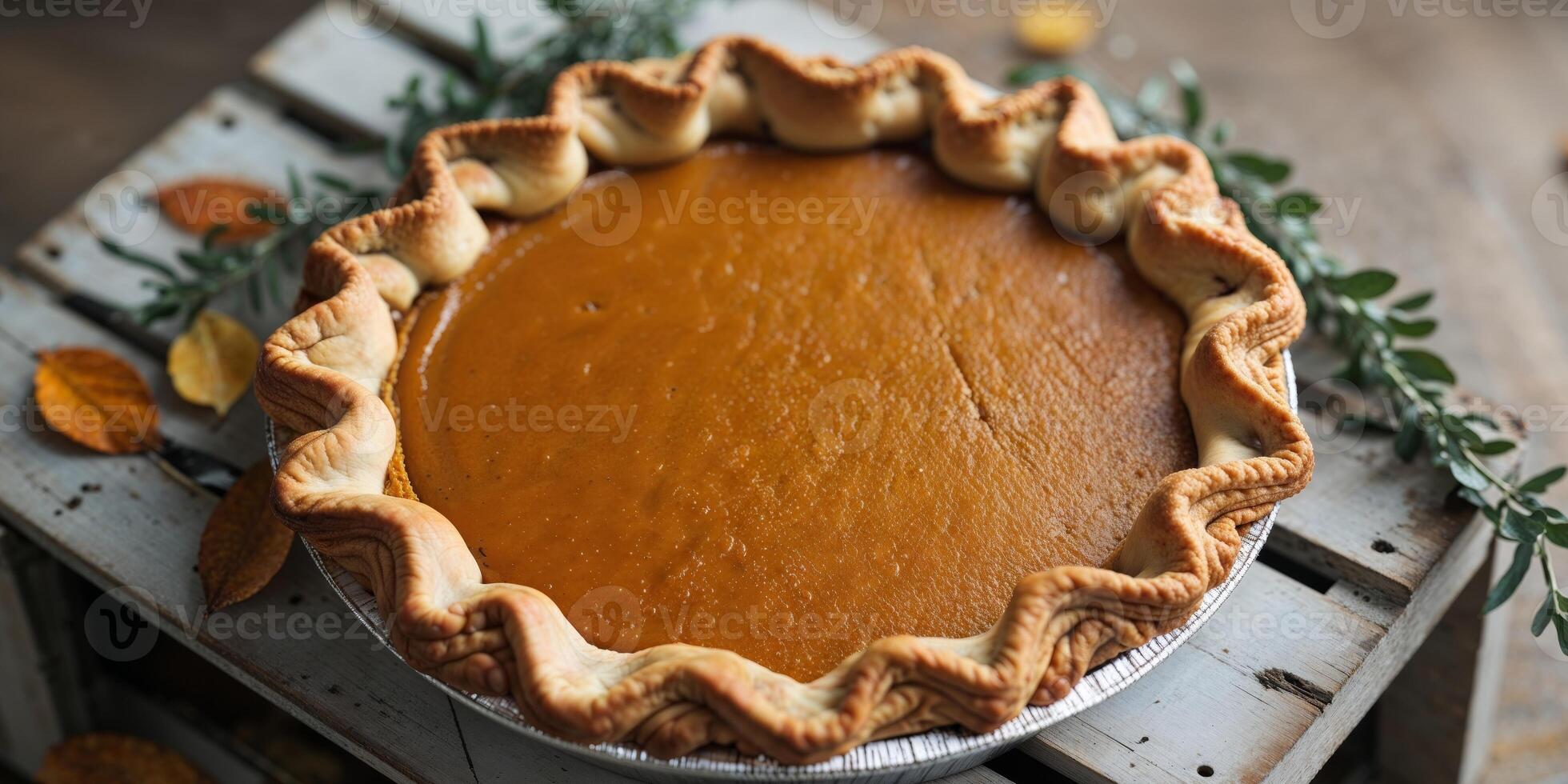 Rustic Pumpkin Pie with Decorative Autumn Crust. photo