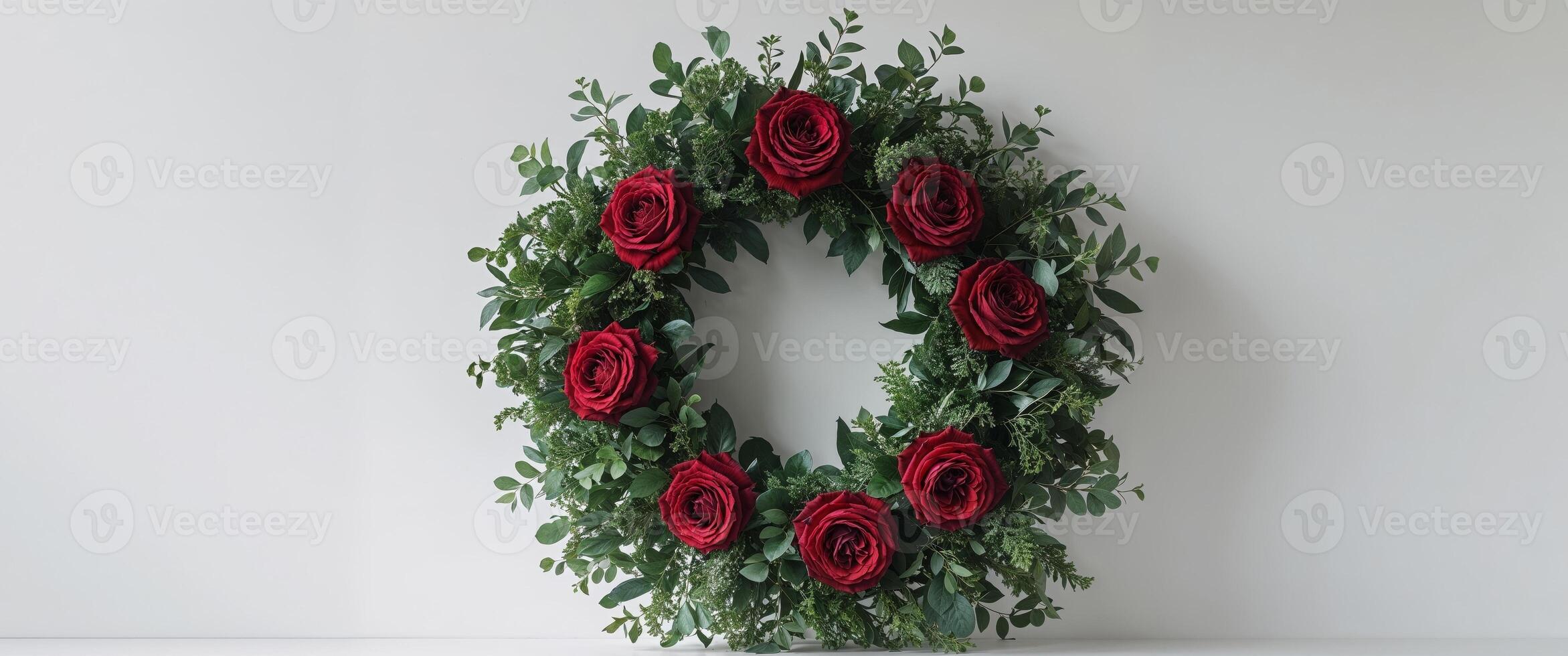 Charming wreath adorned with red roses and greenery for decoration photo