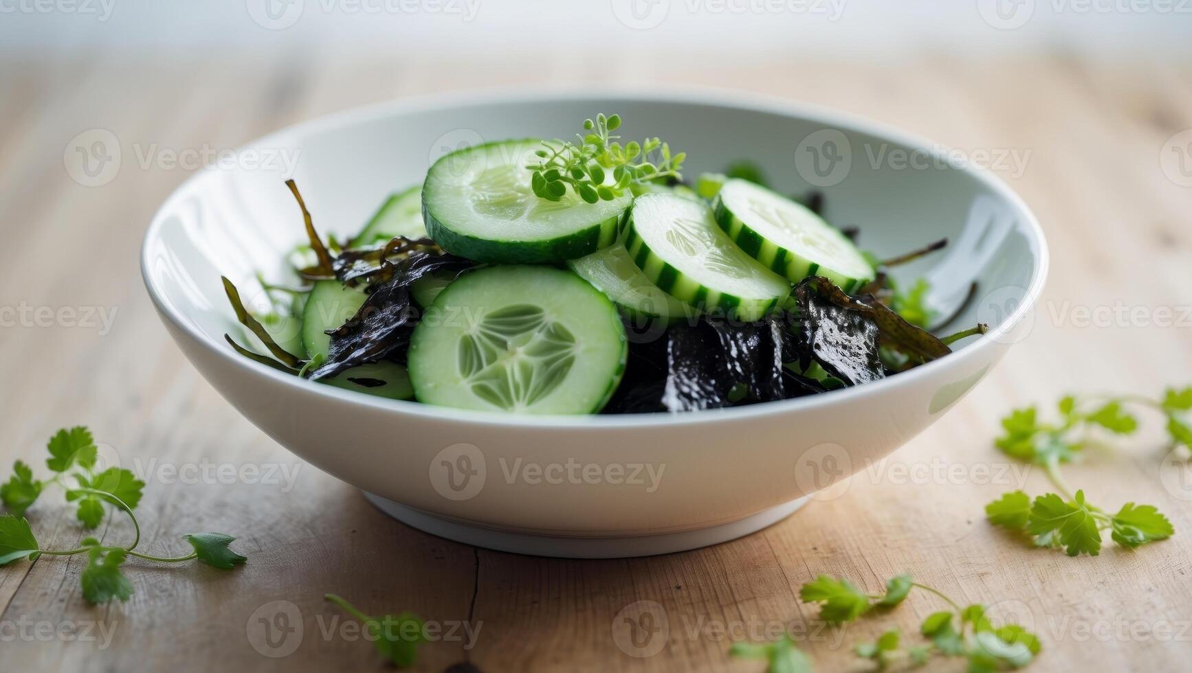 Refreshing Cucumber and Seaweed Salad in a Bowl photo