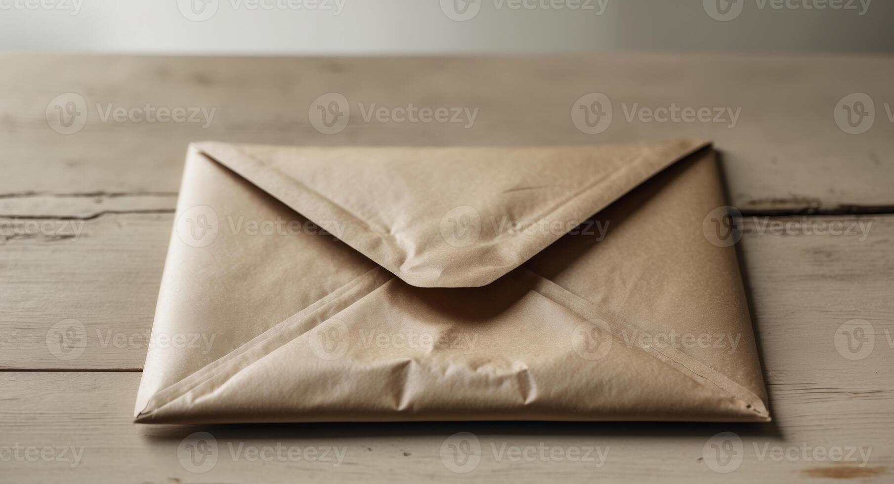 Back of a closed brown recycled envelope resting on a wooden table. photo