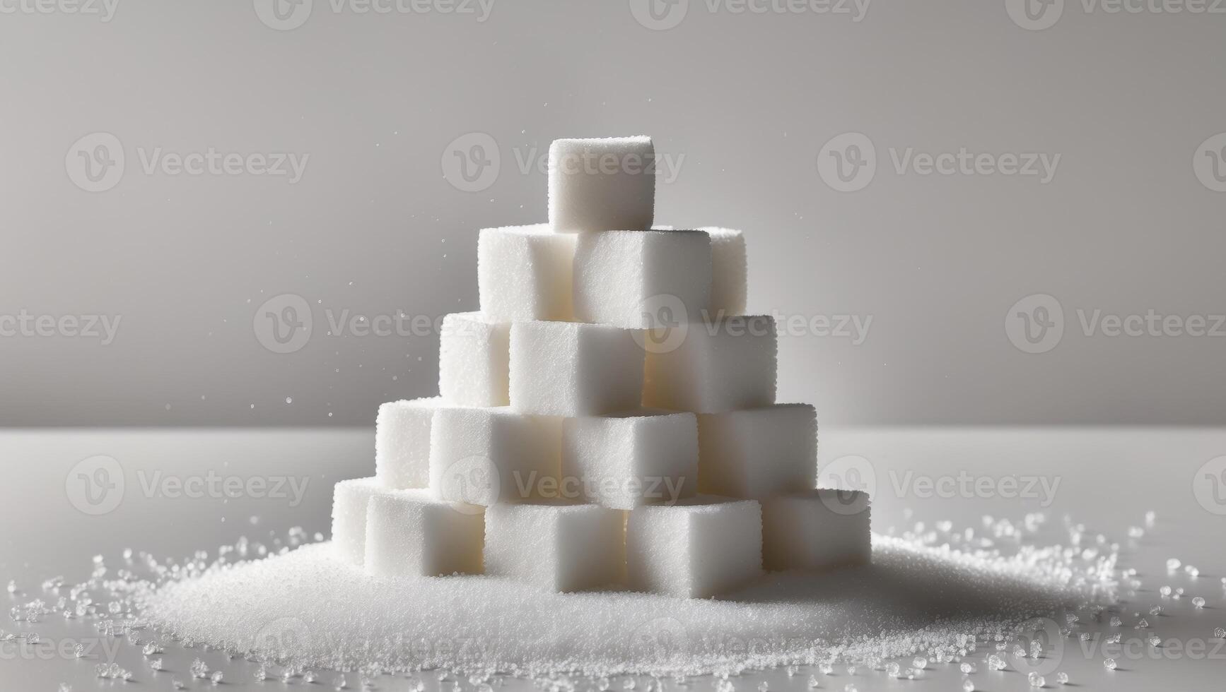 White sugar cubes stacked with granulated sugar spilling around photo