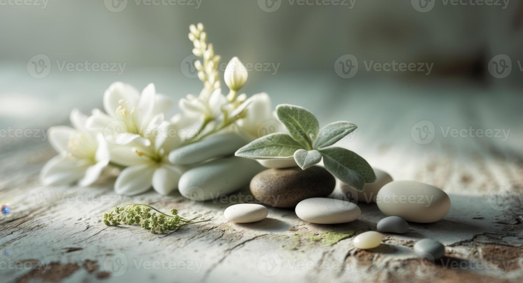 Spa essentials with flowers and stones on textured surface photo