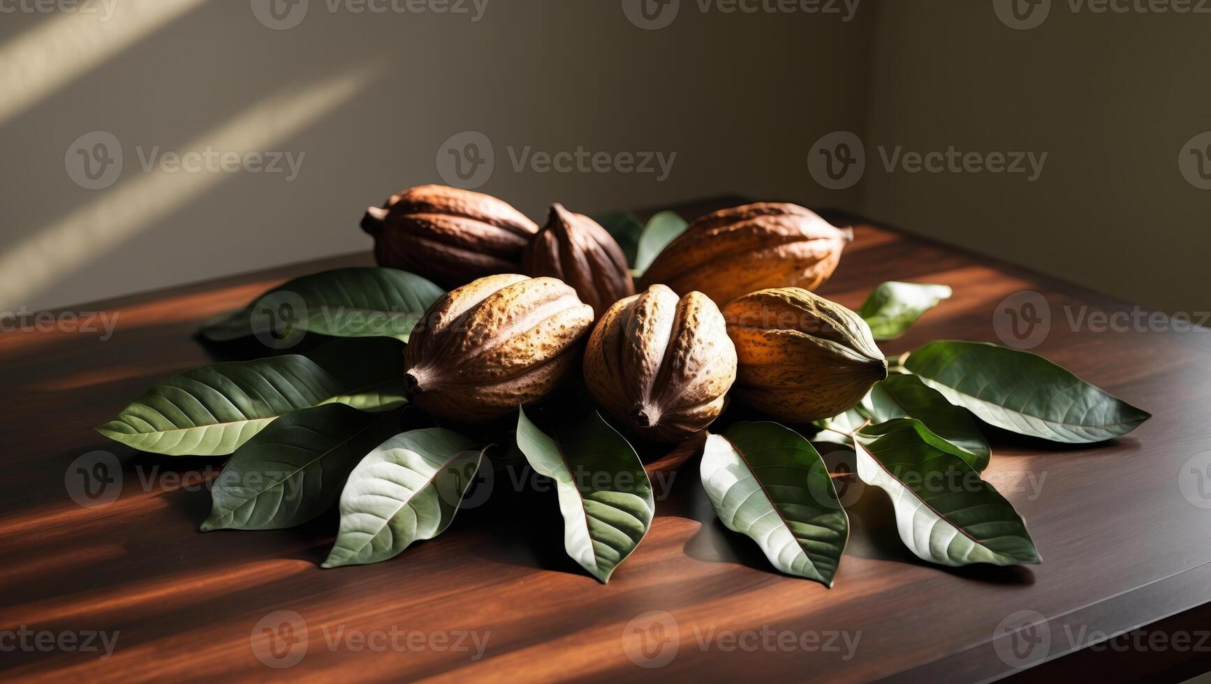 Cocoa pods and leaves arranged on dark wooden table creating cozy atmosphere. photo