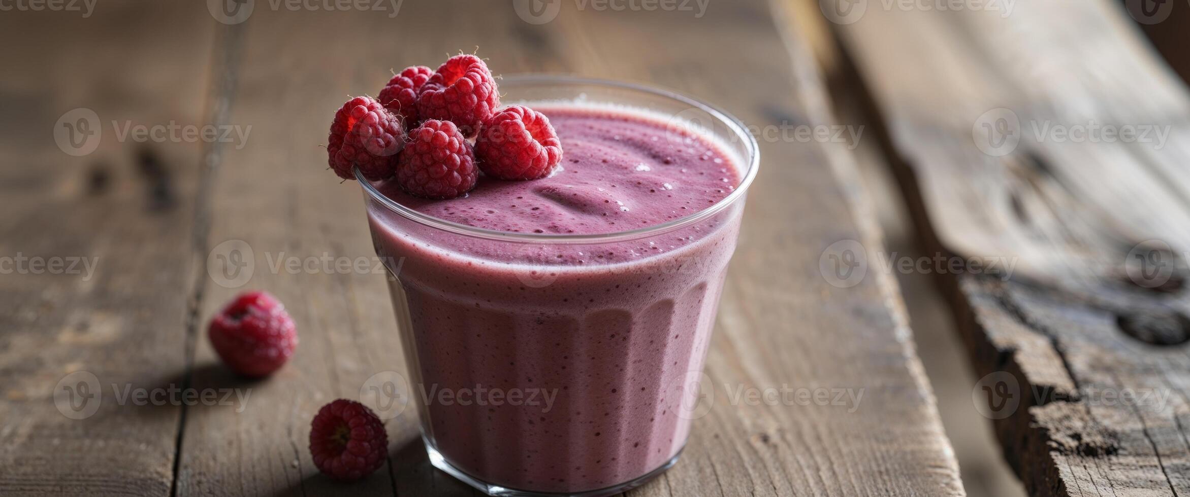 Refreshing Fruit Smoothie in Clear Cup with Raspberries on Wooden Table photo