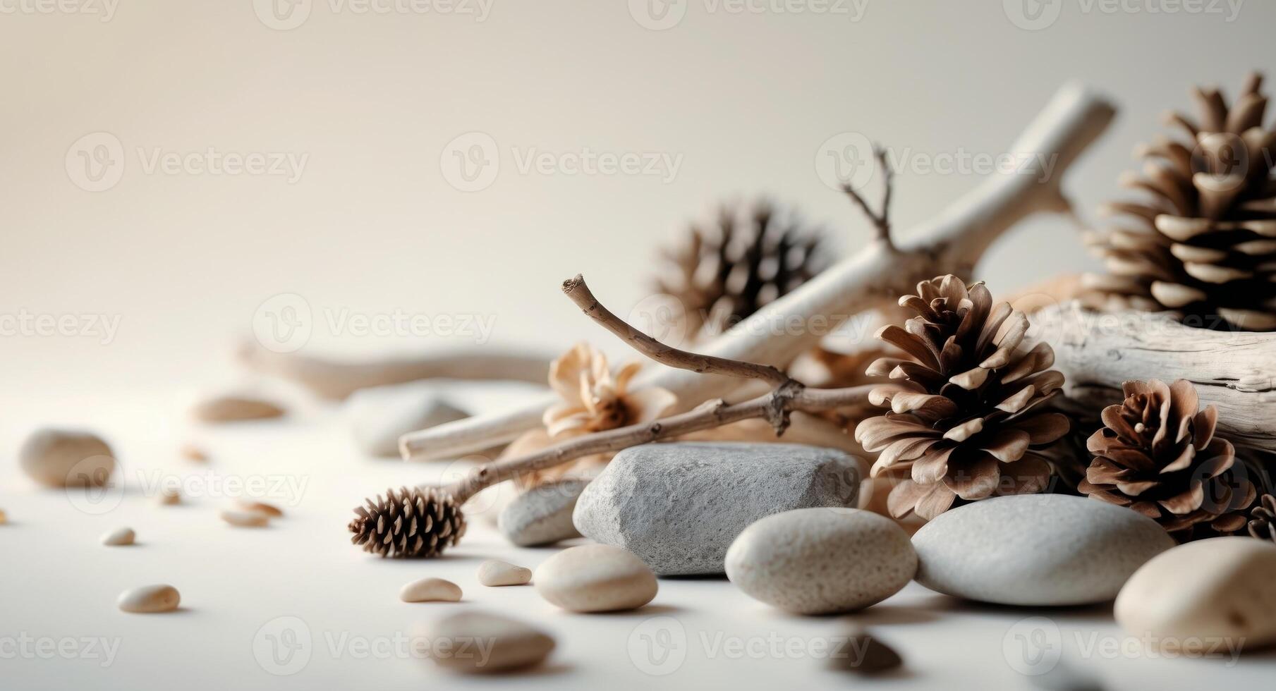 Decorative natural materials arranged creatively on a light background showcasing elegance and simplicity in design. photo