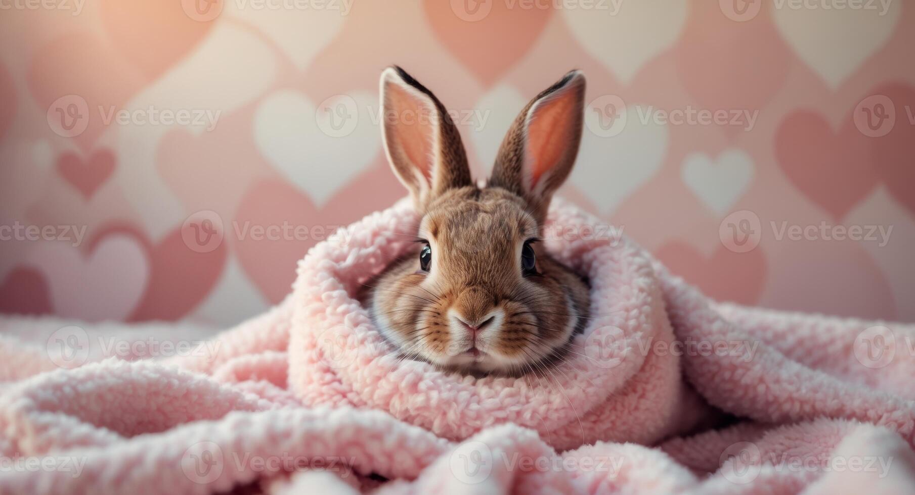 Adorable brown rabbit nestled in cozy pink blanket with heart background for cute decor photo