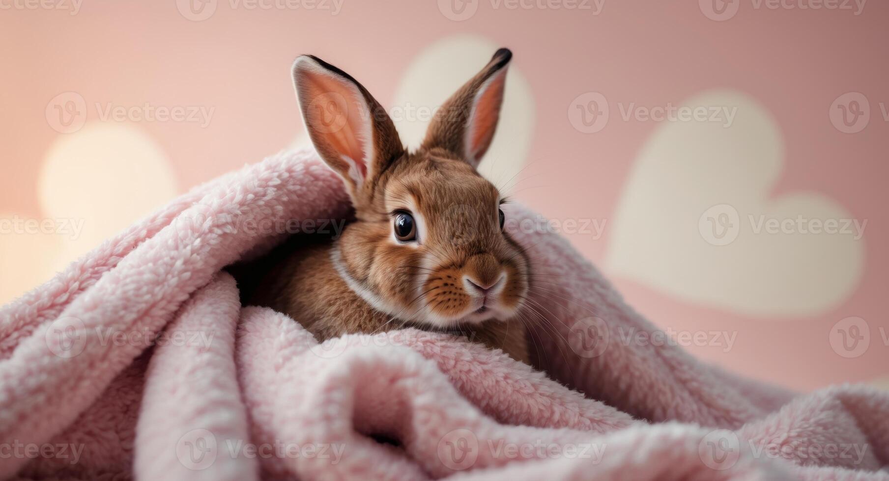 Adorable brown rabbit nestled in cozy pink blanket with heart background for cute decor. photo