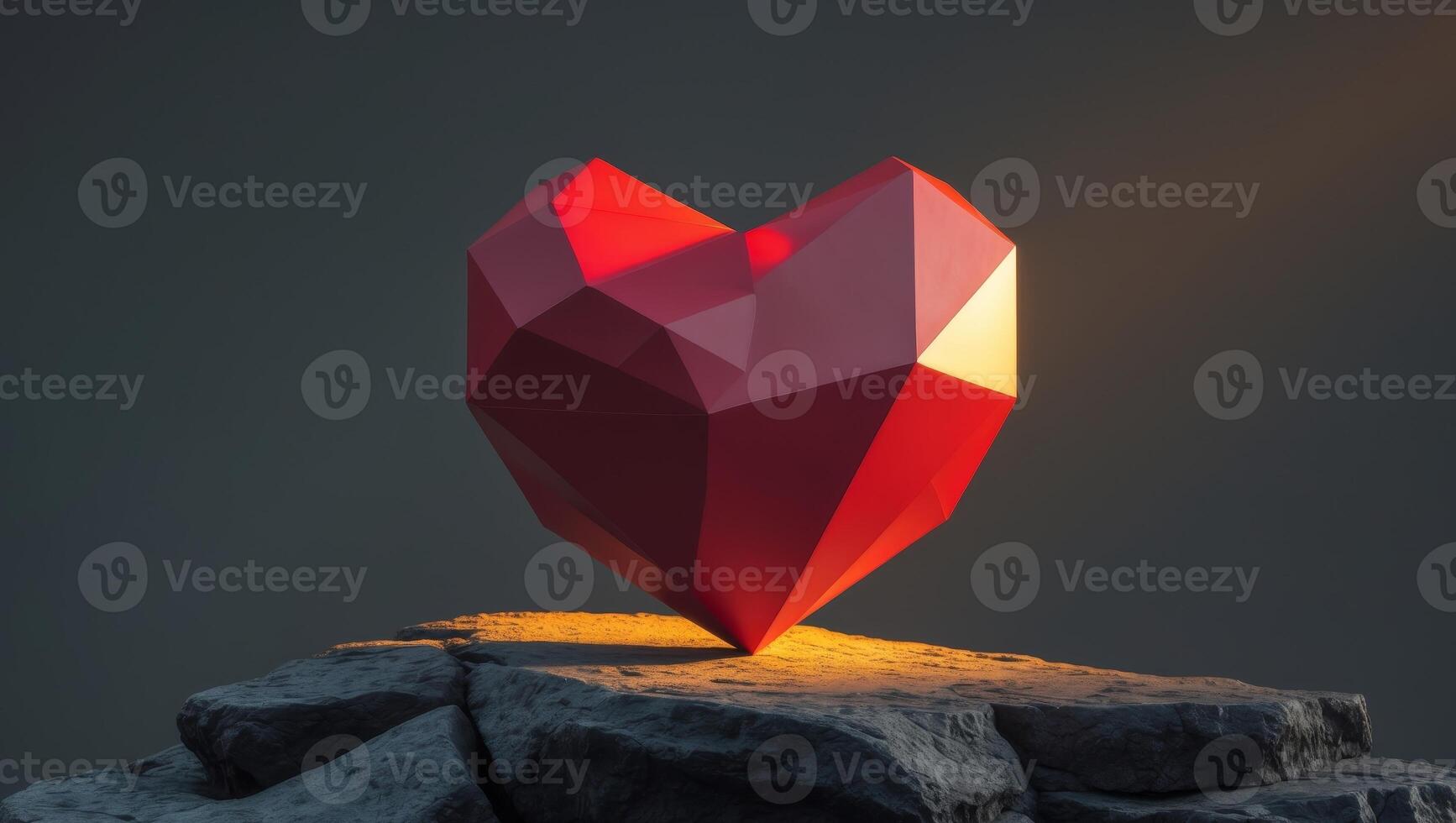 Polygonal heart celebrating Valentine's Day over dark rocks. photo
