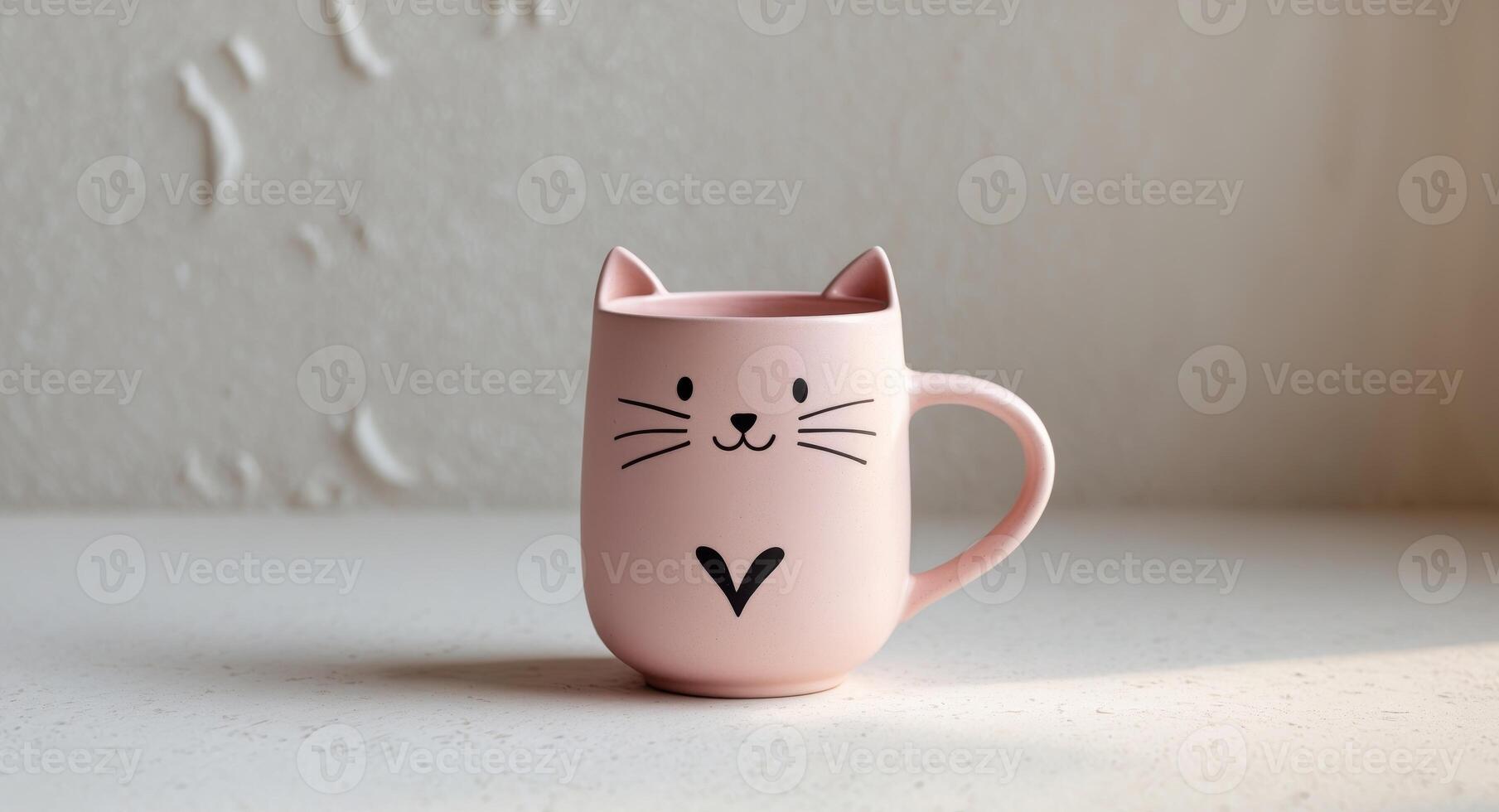 A pink mug with a cat face and a heart on it photo