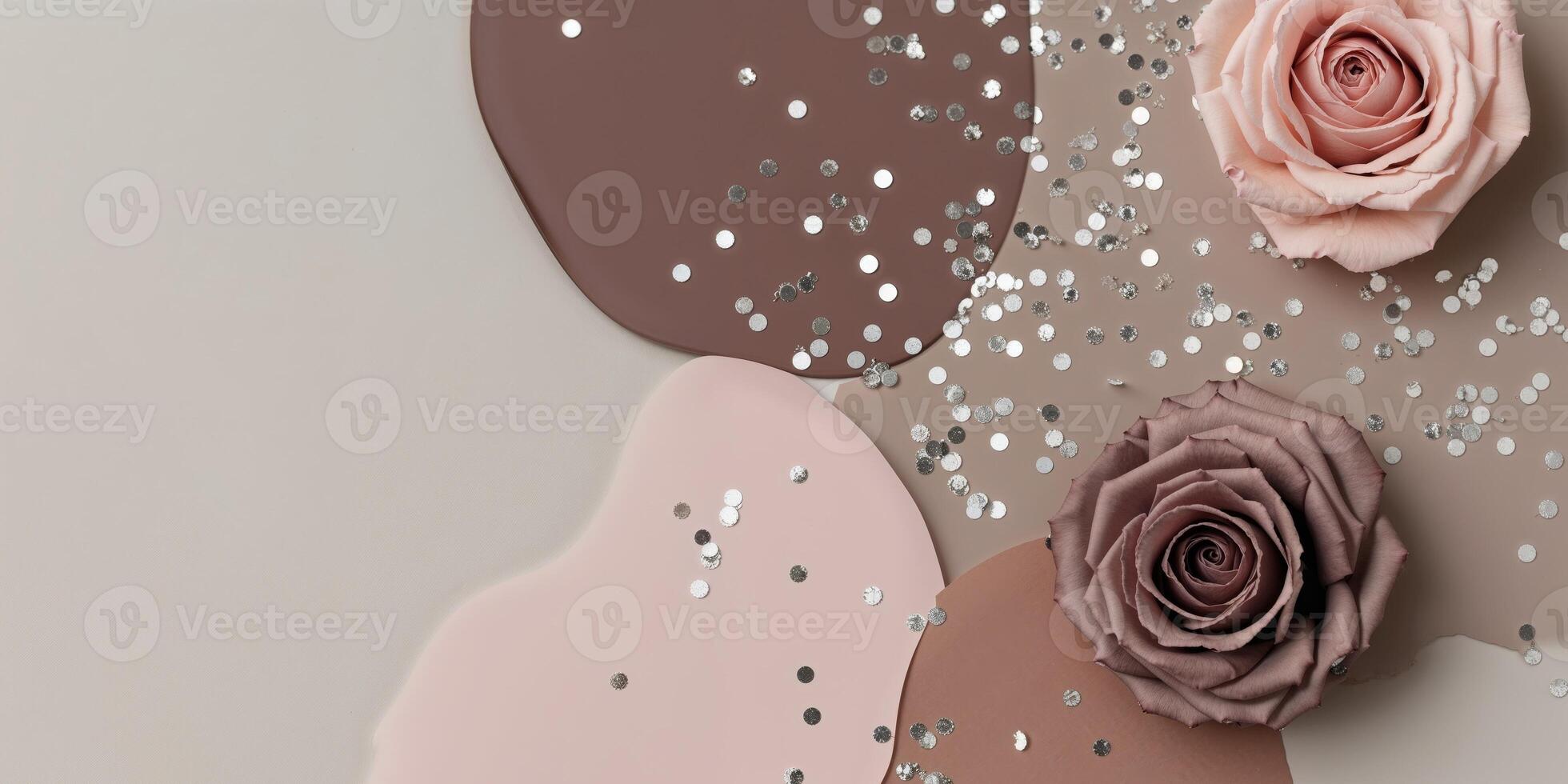 a palette of shades muted rose deep taupe pale pink and warm brown with silver confetti lightly scattered. photo