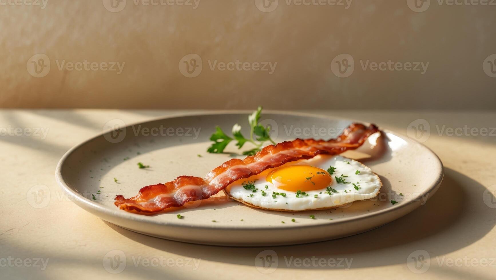 Crispy bacon served with sunny side up egg on a white plate in a cozy setting photo