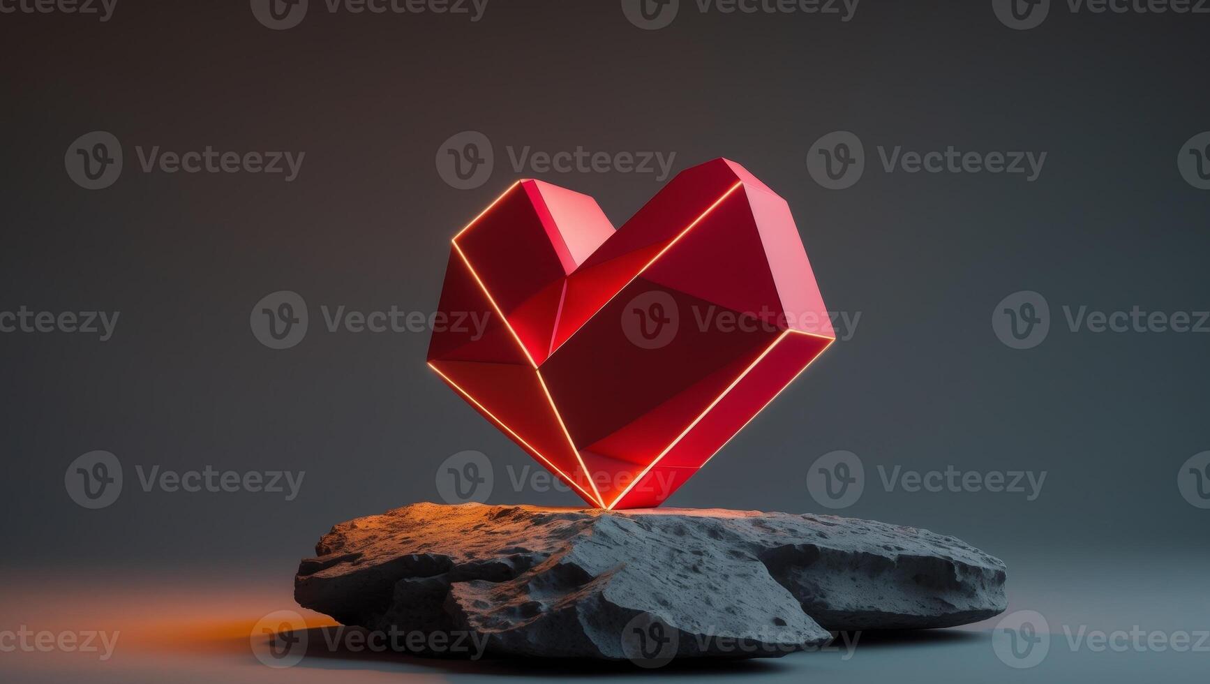 Polygonal heart celebrating Valentine's Day over dark rocks photo