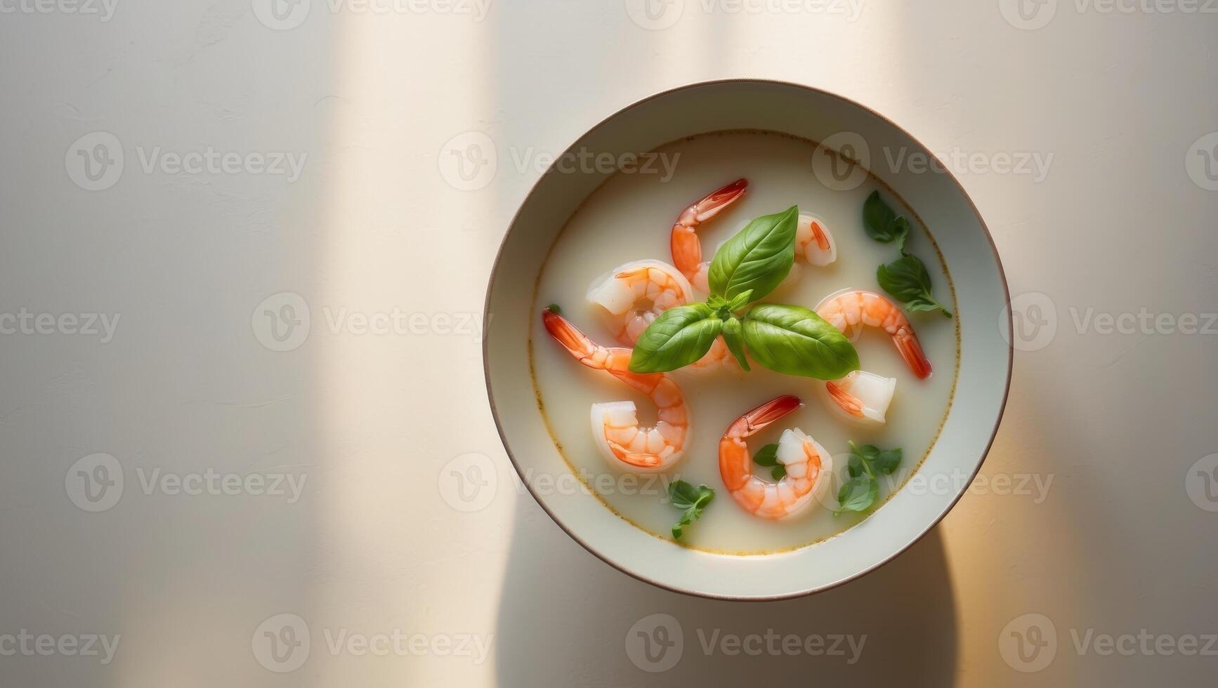 A bowl of shrimp soup with a garnish of basil. photo