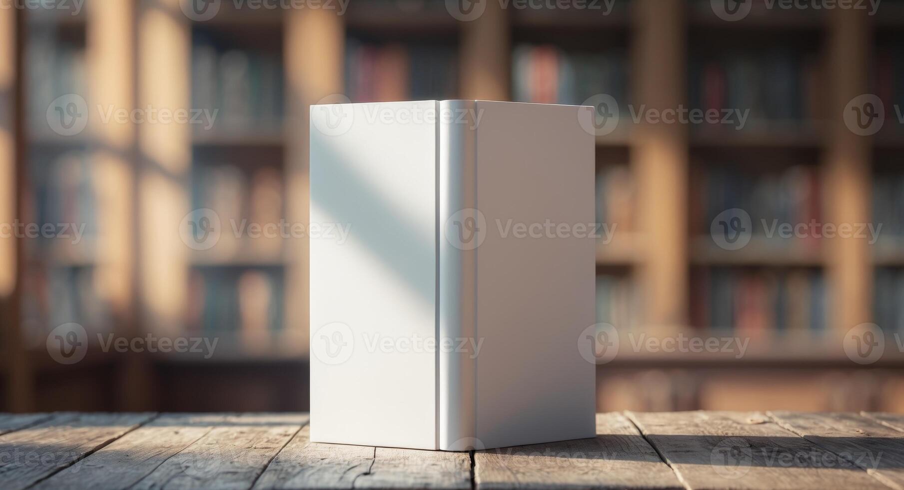 Stands upright of a blank white book cover on a wooden table on bookstore background. photo
