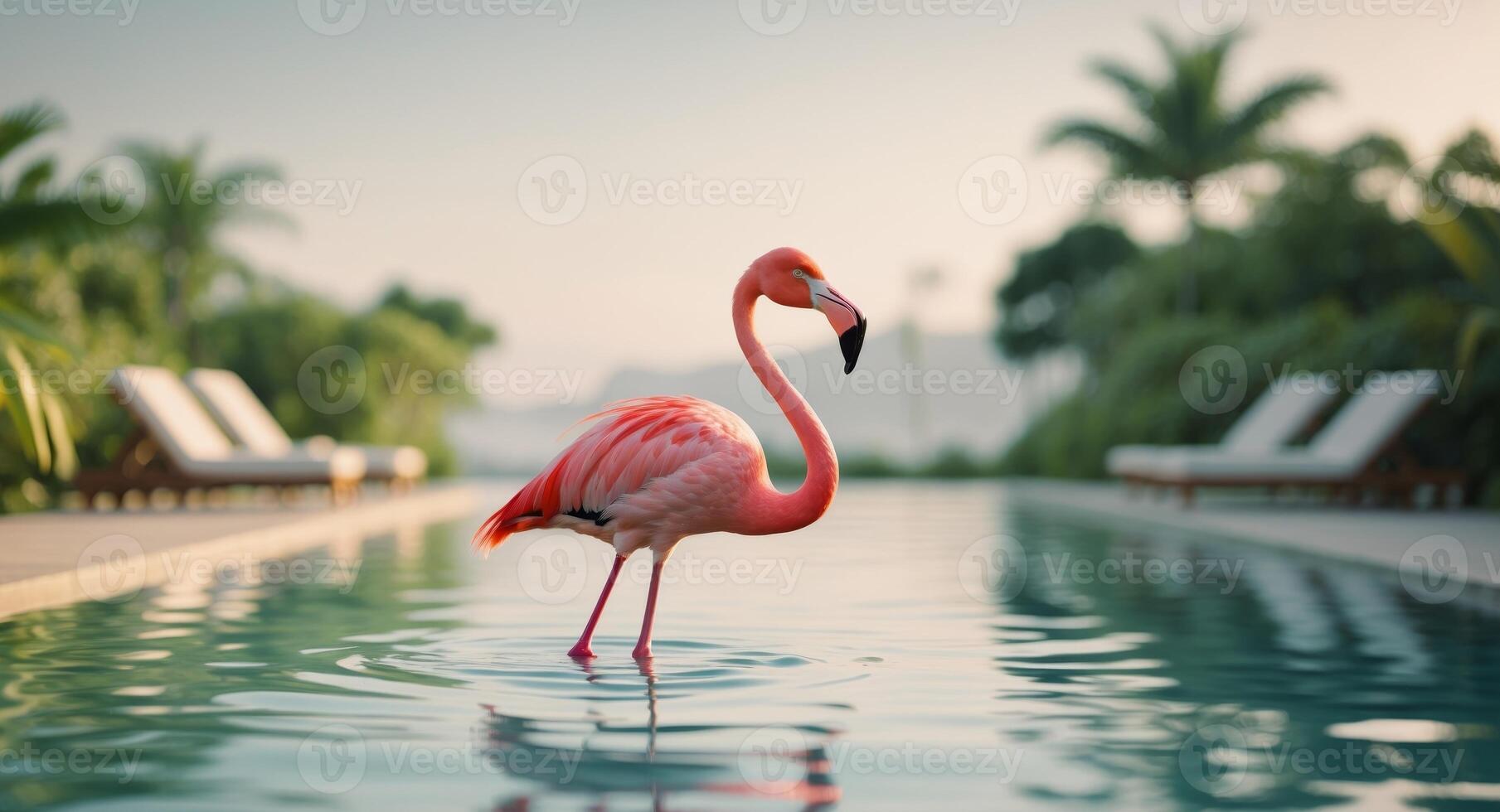 Relaxing tropical getaway with floating flamingo in a serene pool. photo