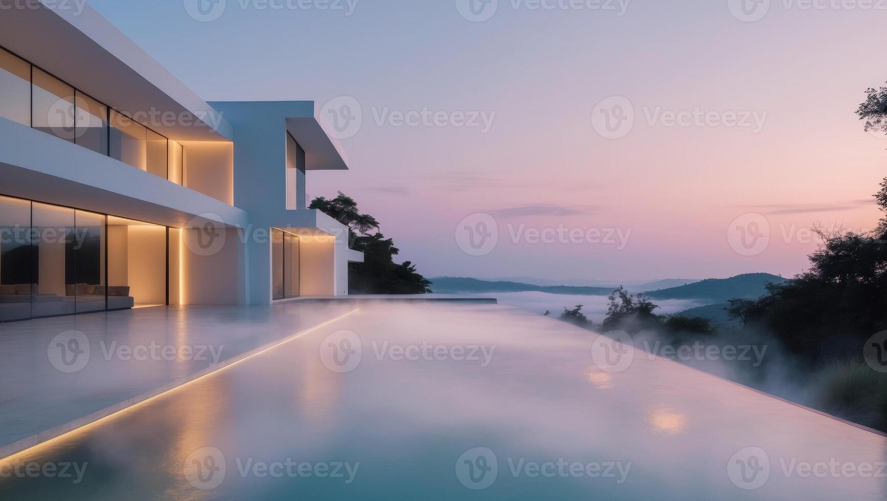 Contemporary Villa with Infinity Pool at Dusk photo
