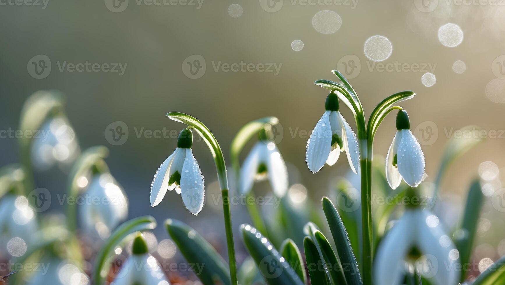 Beautiful Snowdrops Emerging in Early Spring Amid Sparkling Frozen Dew. photo