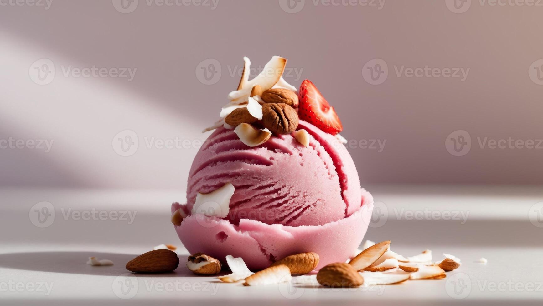 Delicious Strawberry Sorbet Topped with Nuts and Coconut Flakes photo