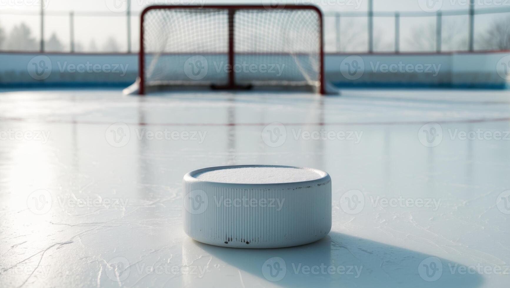 A Blank Hockey Puck in the Foreground with an Ice Rink and Hockey Net in the Background Behind. photo