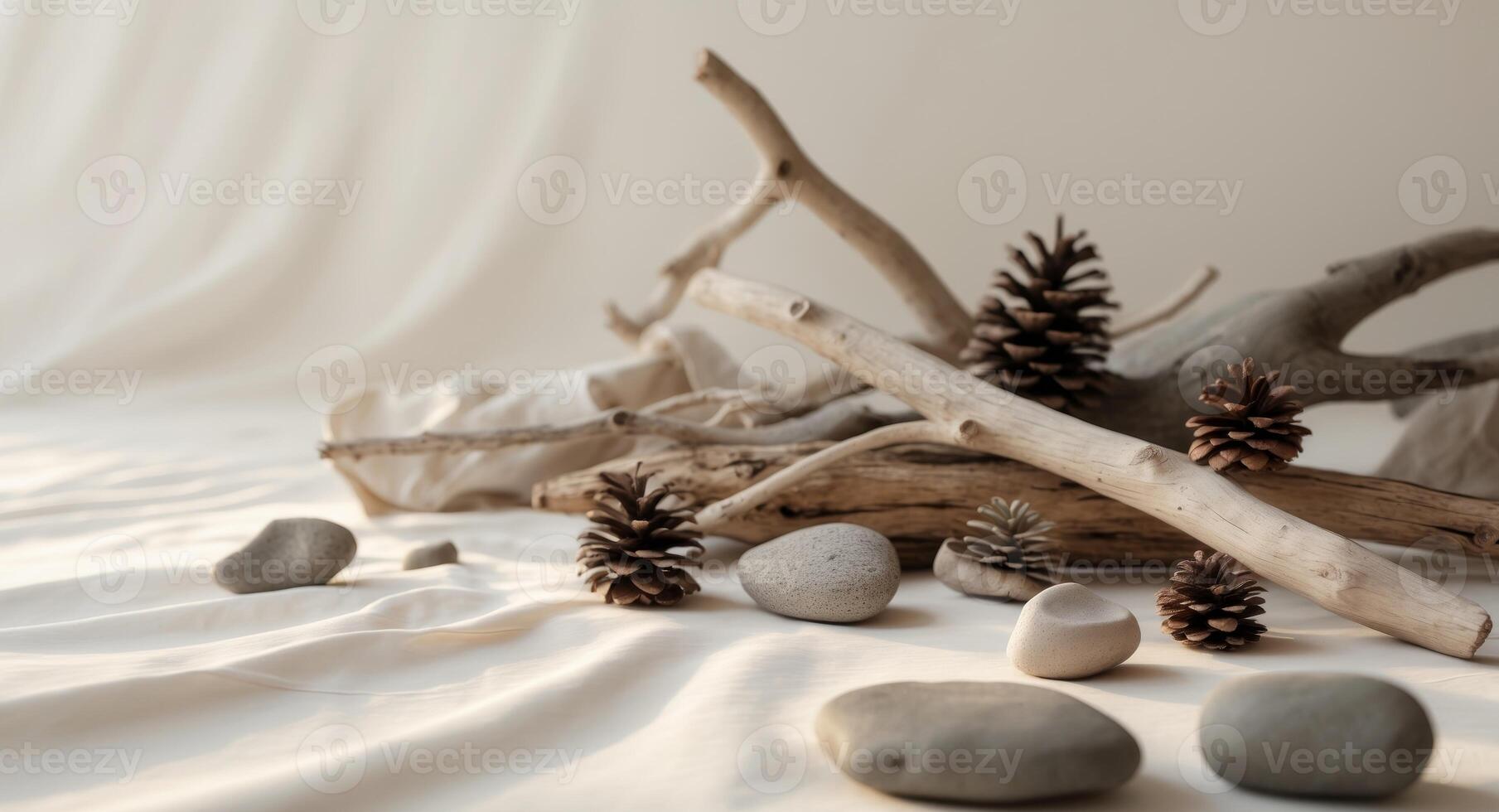 Decorative natural materials arranged creatively on a light background showcasing elegance and simplicity in design photo