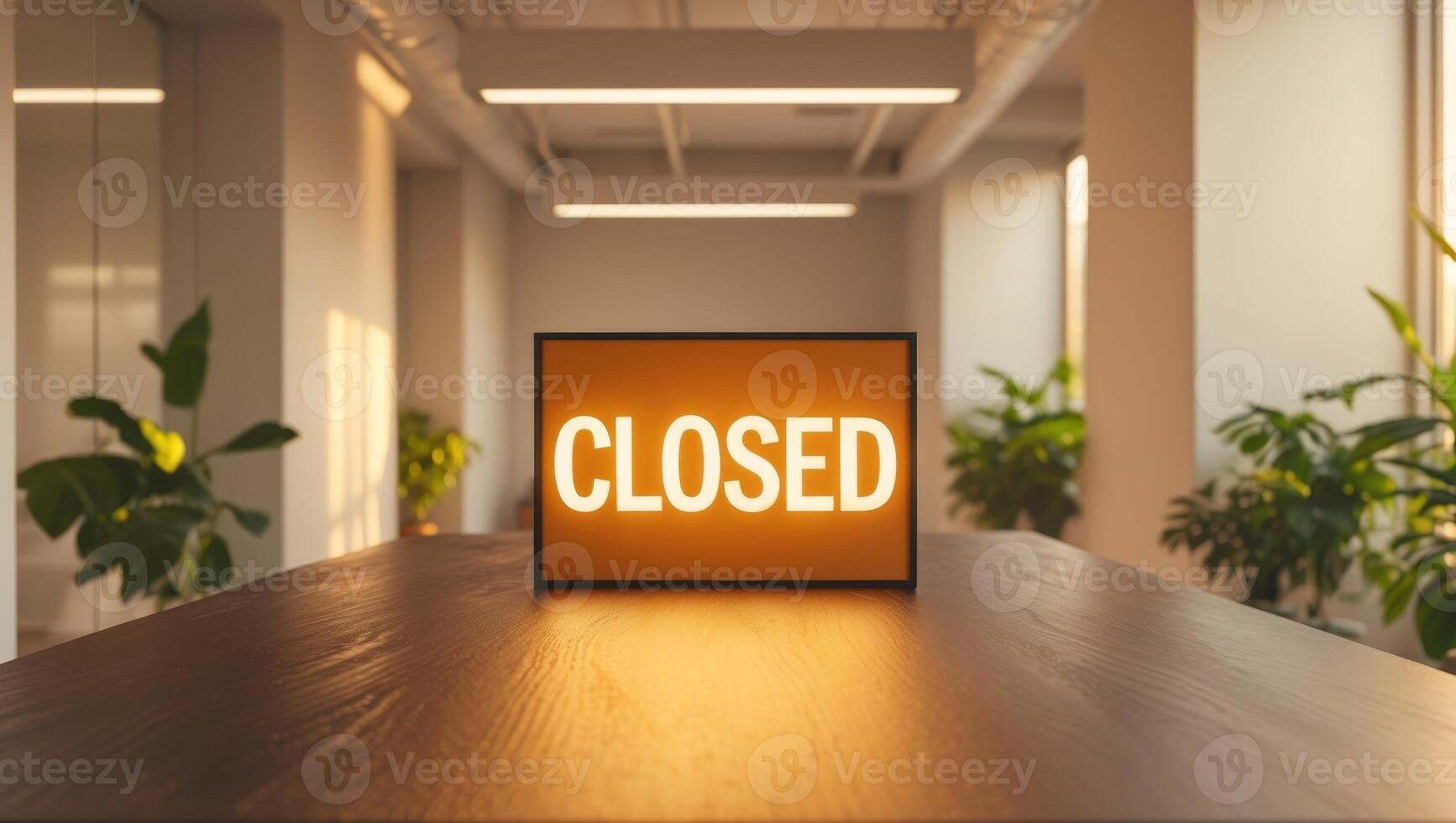 Bright Closed sign on a wooden table in an empty modern office with warm lighting and potted plants. photo