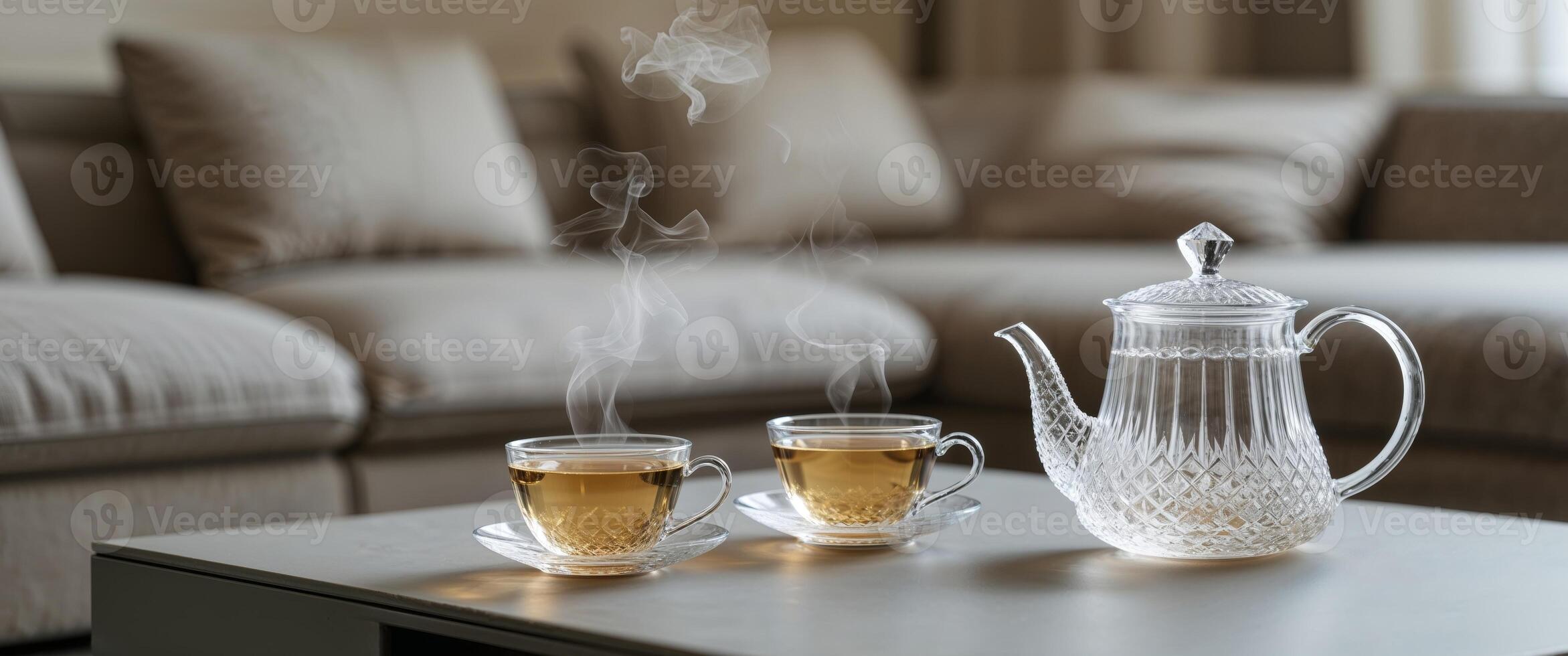 two crystal cups of tea and a crystal kettle served on a coffee table in the living room photo