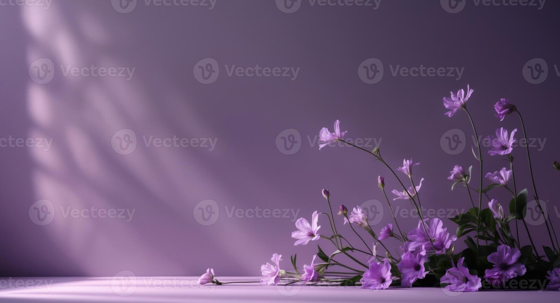 A purple background with lighting and flowers with ample space for text on the right side photo