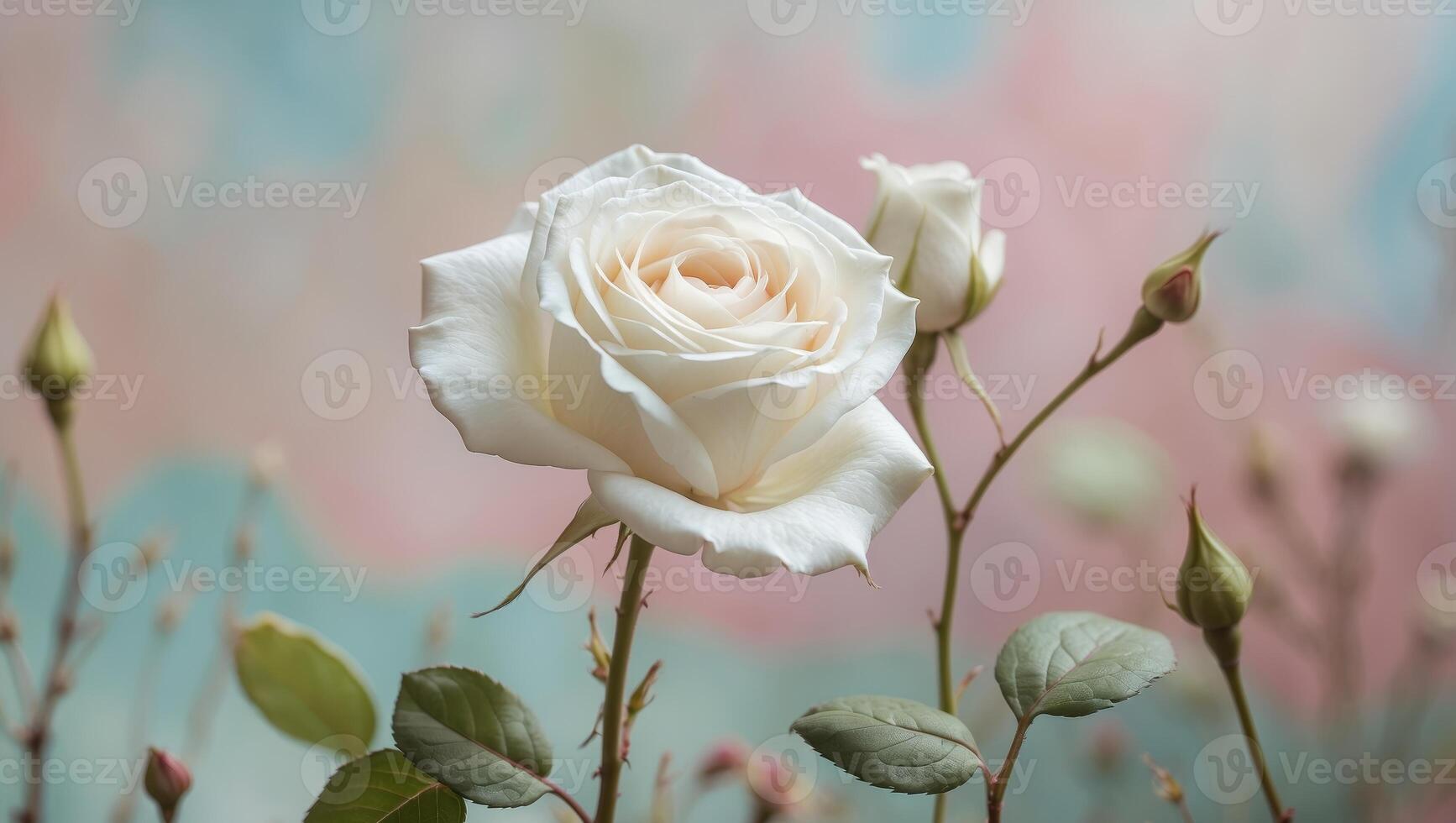 Delicate white rose blooming in a garden filled with soft pastel colors and gentle petals during springtime photo