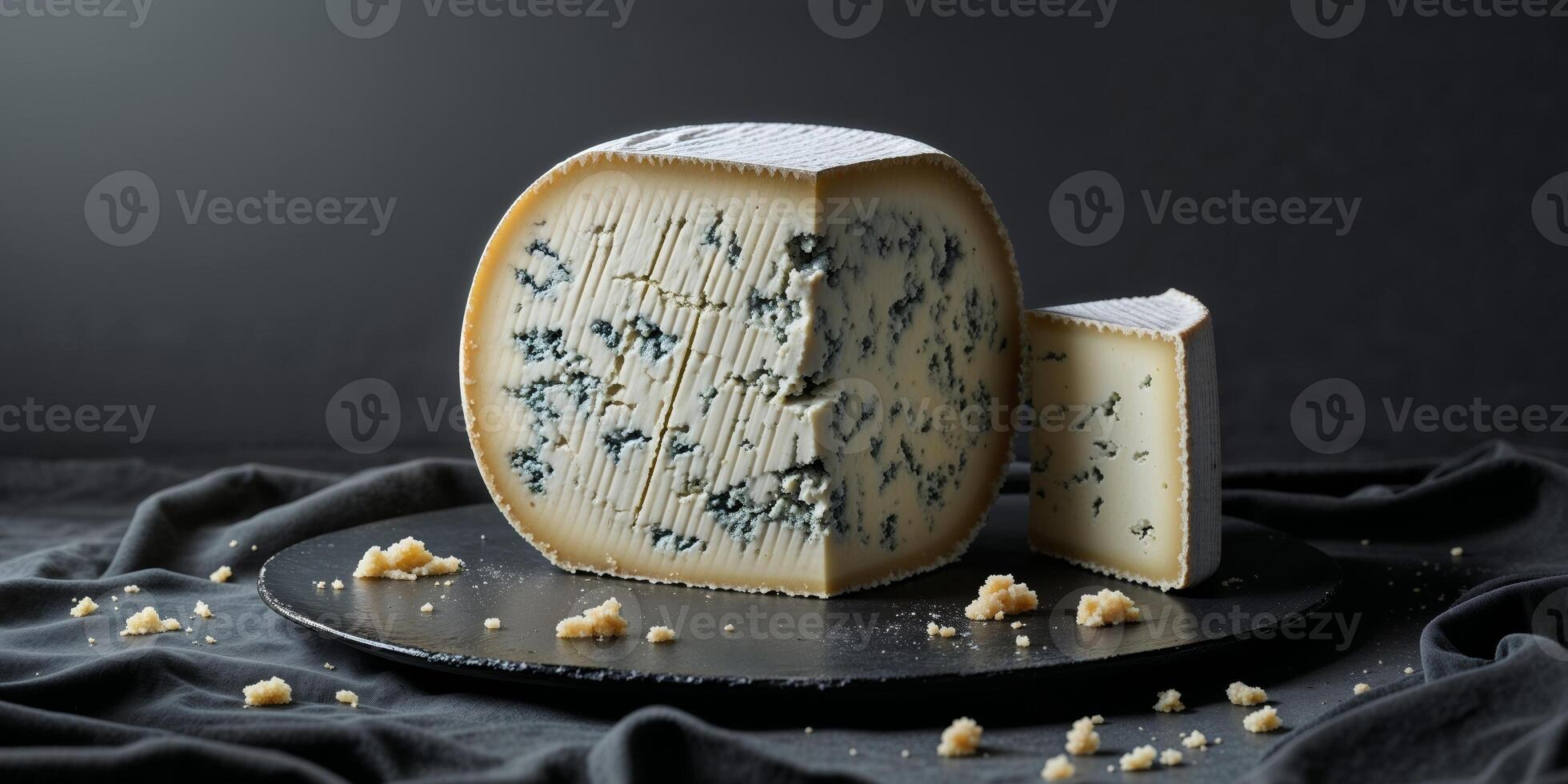 Blue Cheese Wheel and a Slice Displayed on a Dark Surface with Crumbs photo