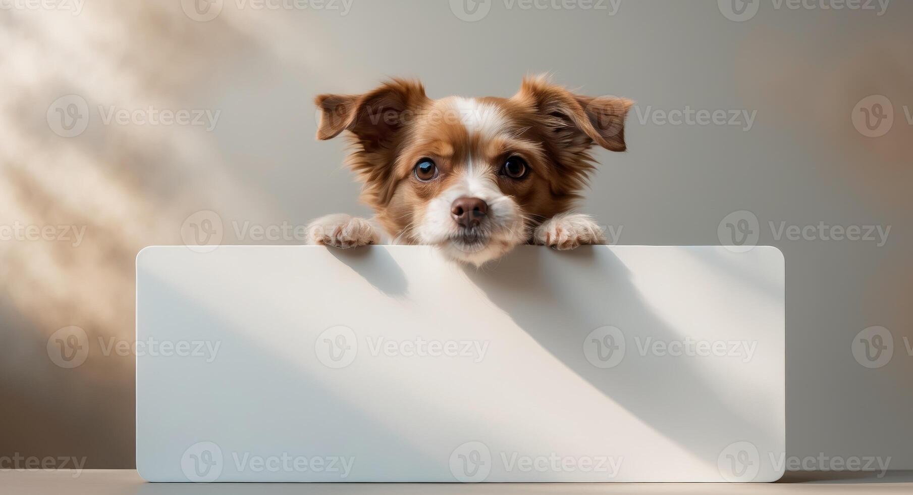A small brown and white dog peeking over a white sign photo