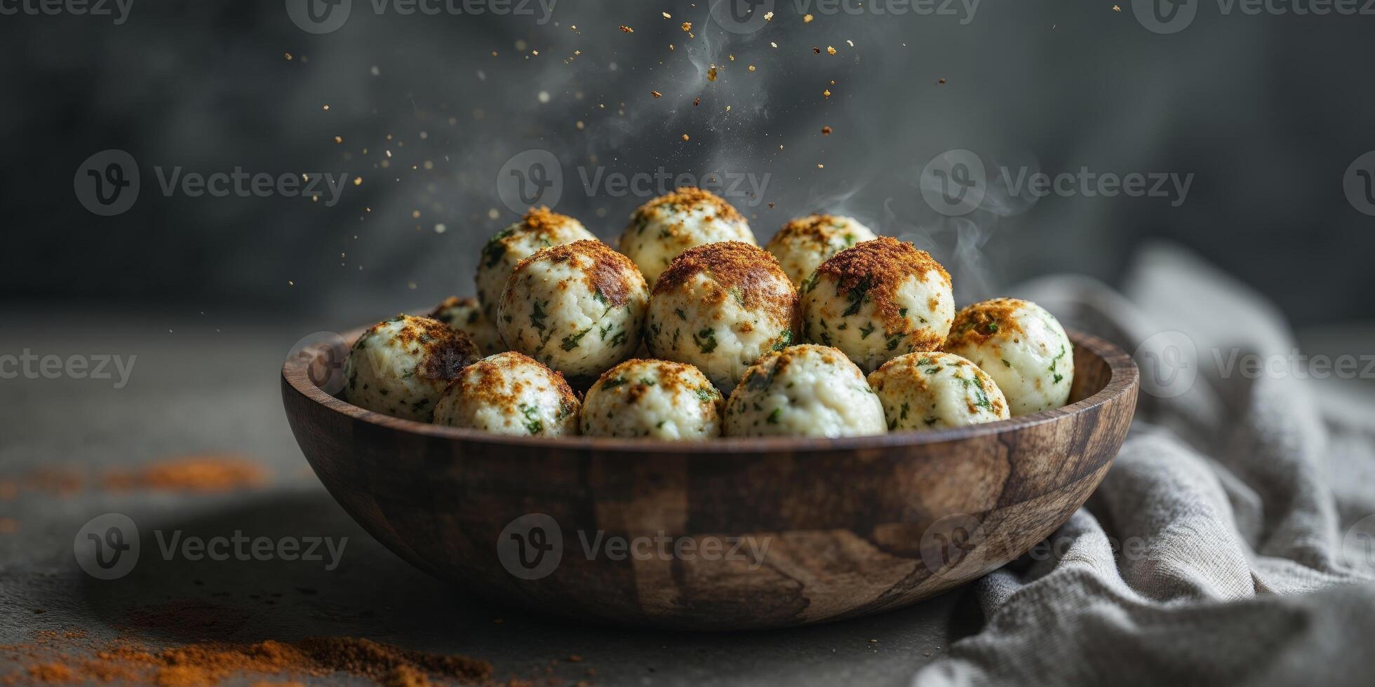Freshly Prepared Marinated Cheese Balls with Spices in a Rustic Bowl on Dark Background. photo