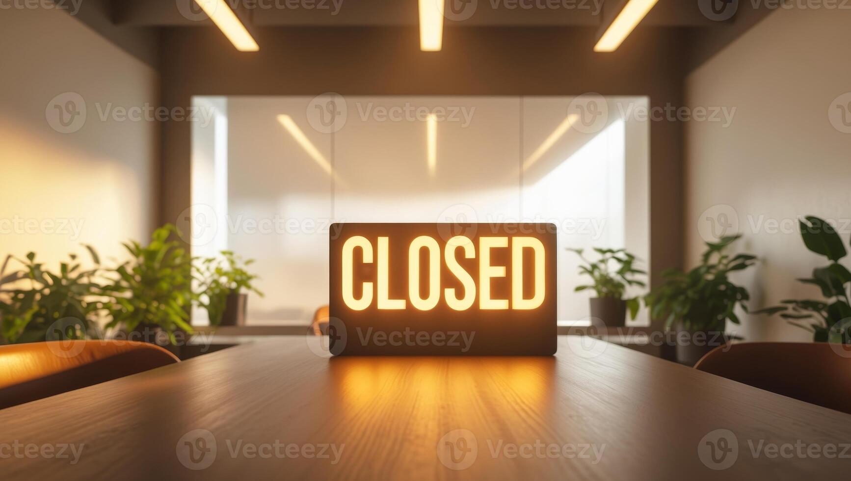 Bright Closed sign on a wooden table in an empty modern office with warm lighting and potted plants photo