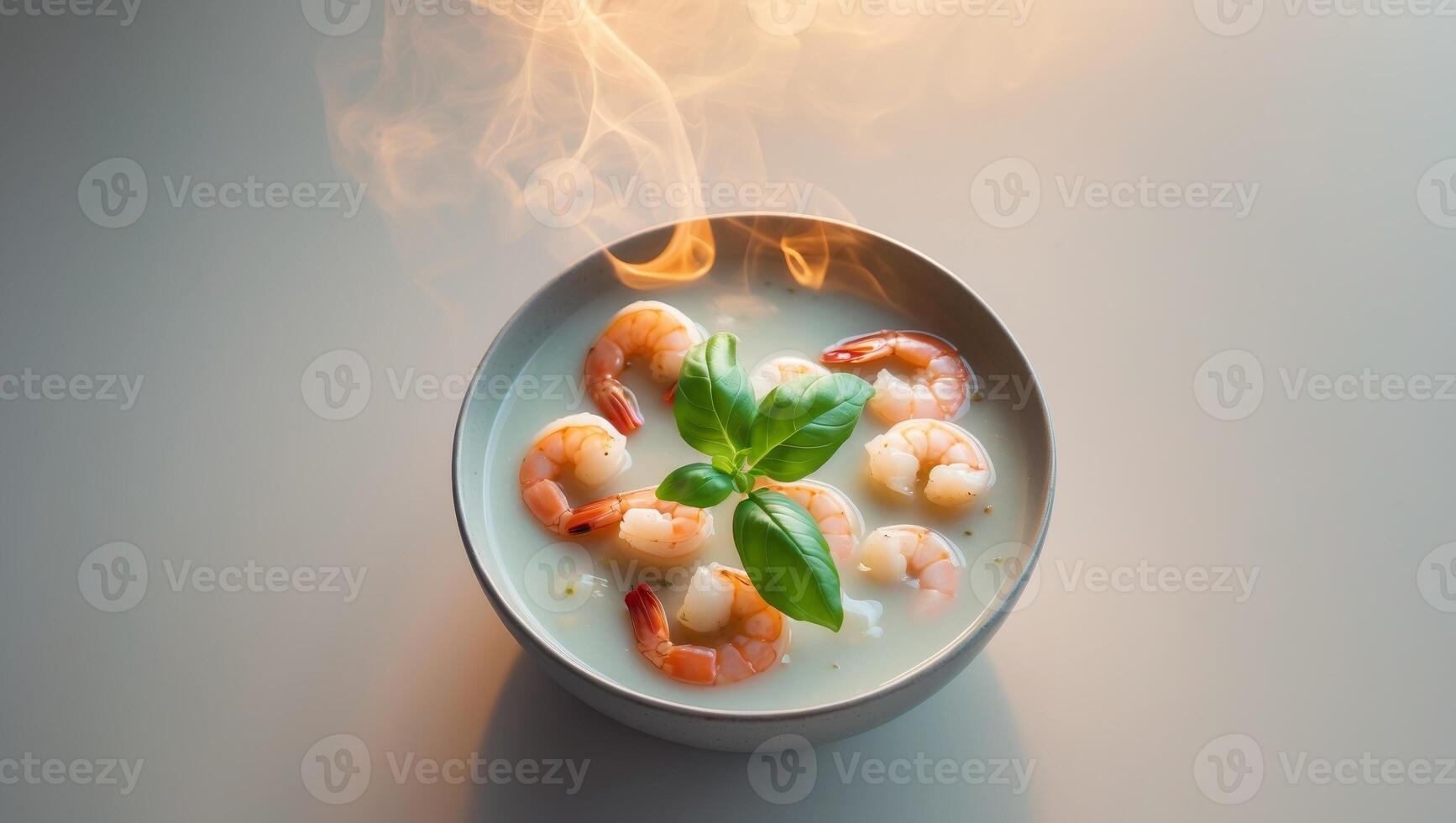 A bowl of shrimp soup with a garnish of basil photo
