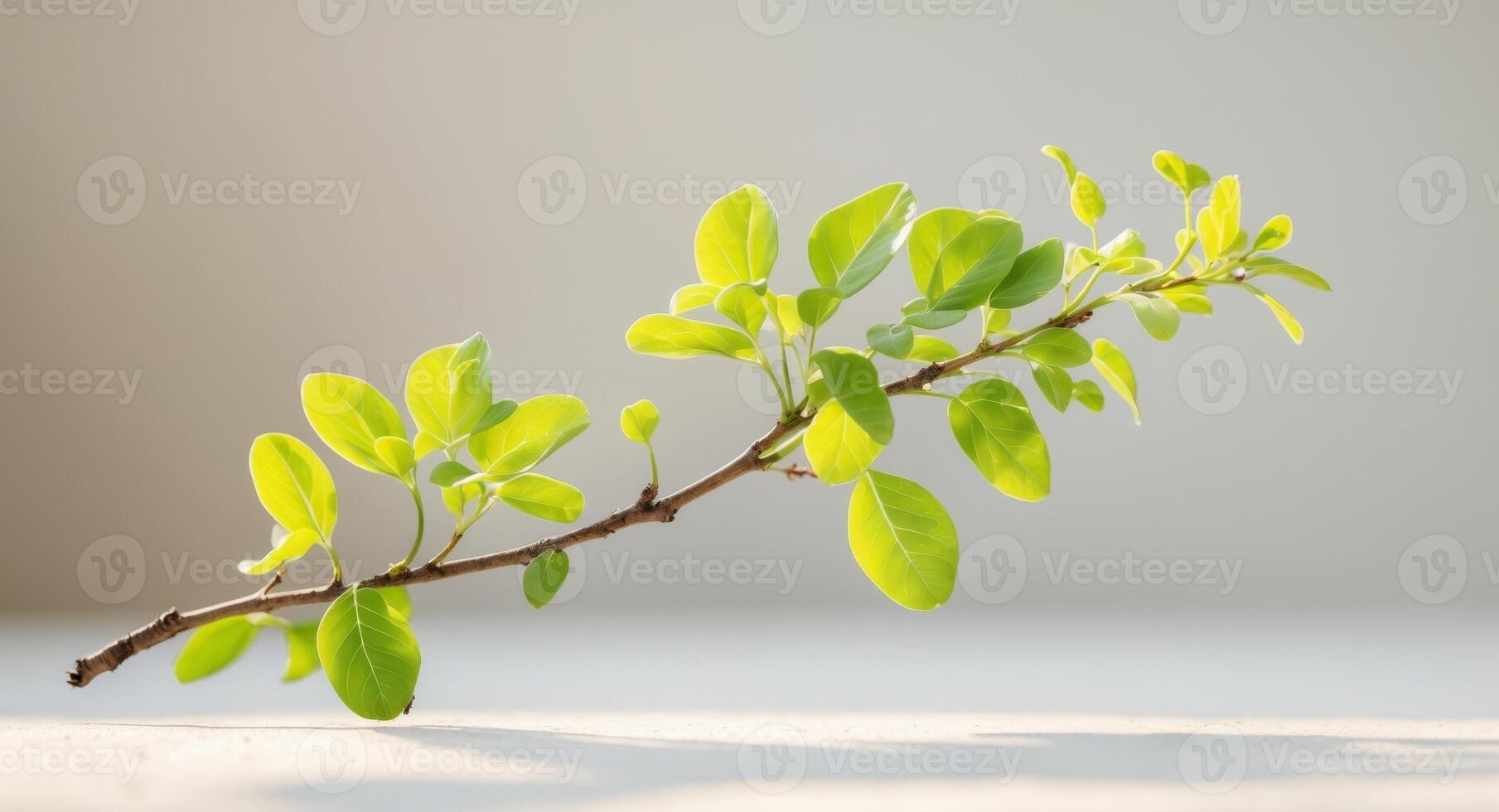 Fresh green leaves on branch create serene and calming atmosphere. photo