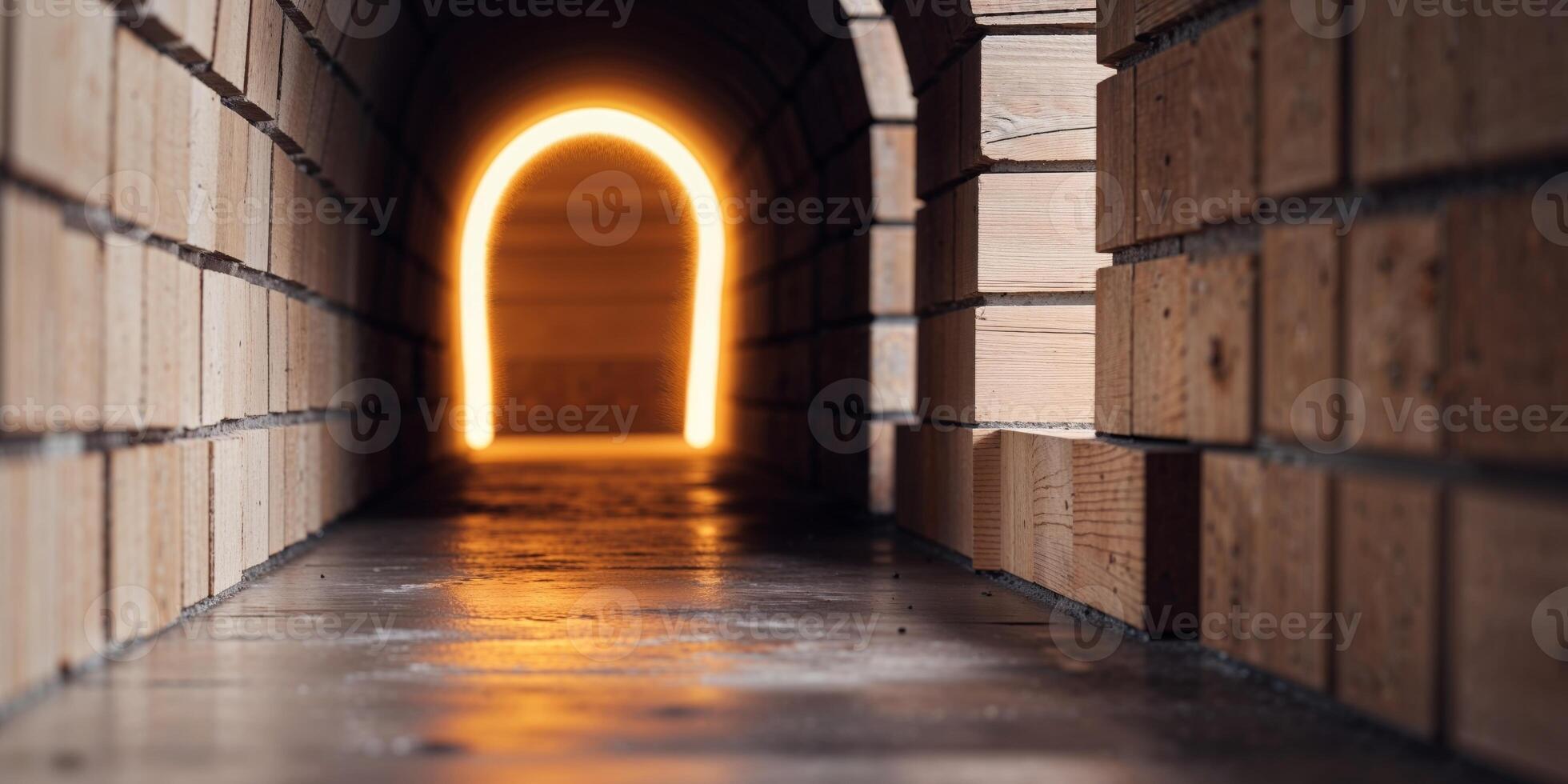 Bright Light at the End of a Wooden Block Tunnel. photo