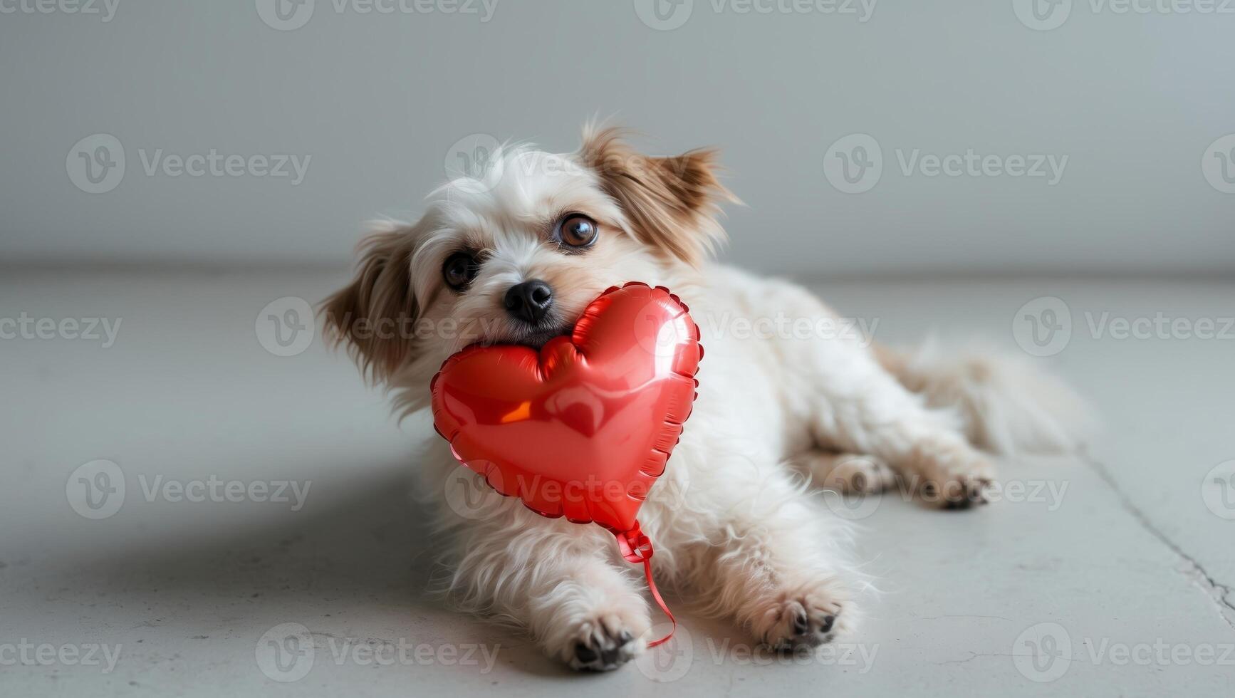 A small dog laying on the floor with a red heart in its mouth photo