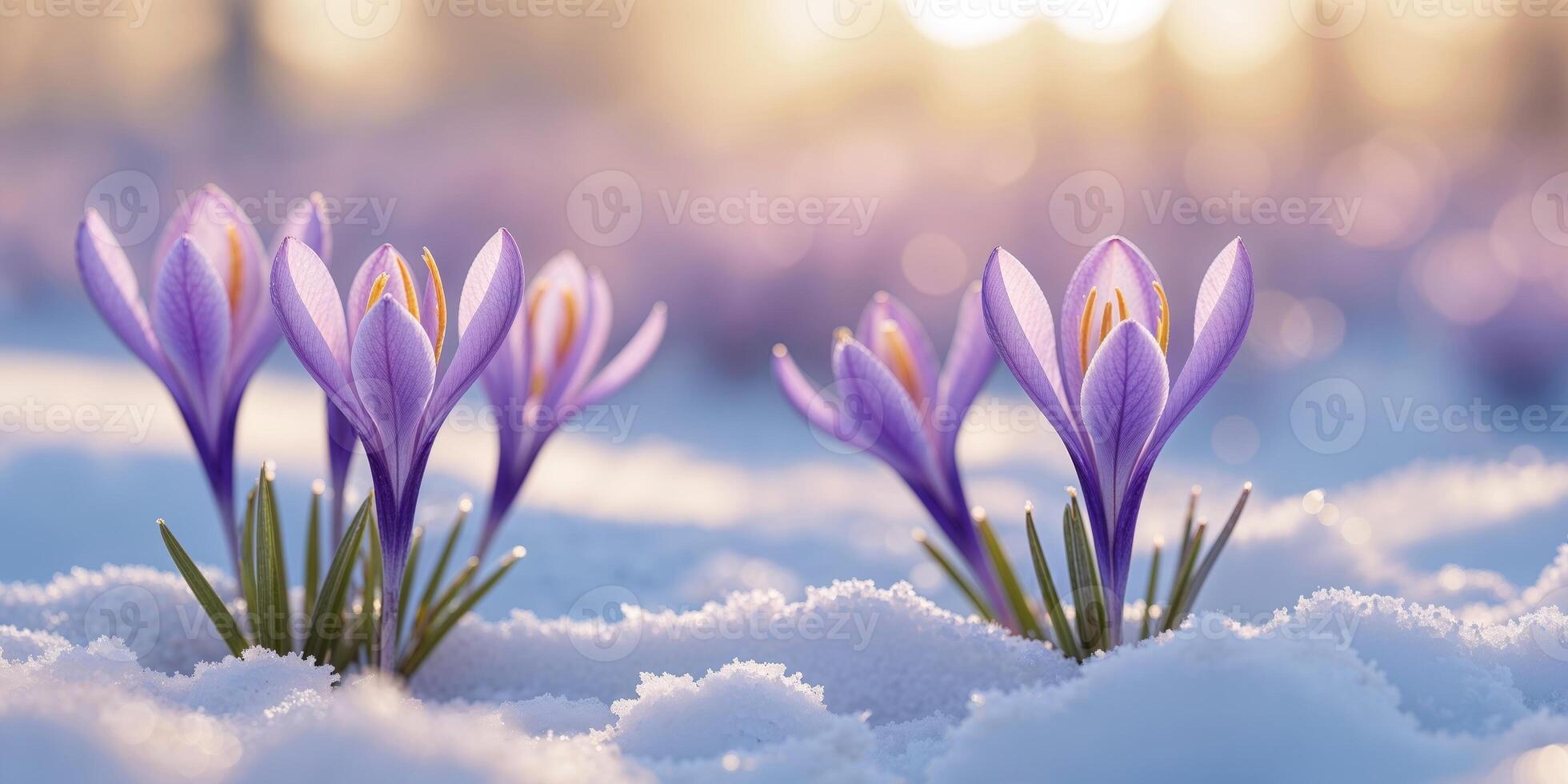 Stunning Purple Crocus Flowers Emerging from Snow in Golden Sunlight - Spring Awakening in Winter Wonderland. photo
