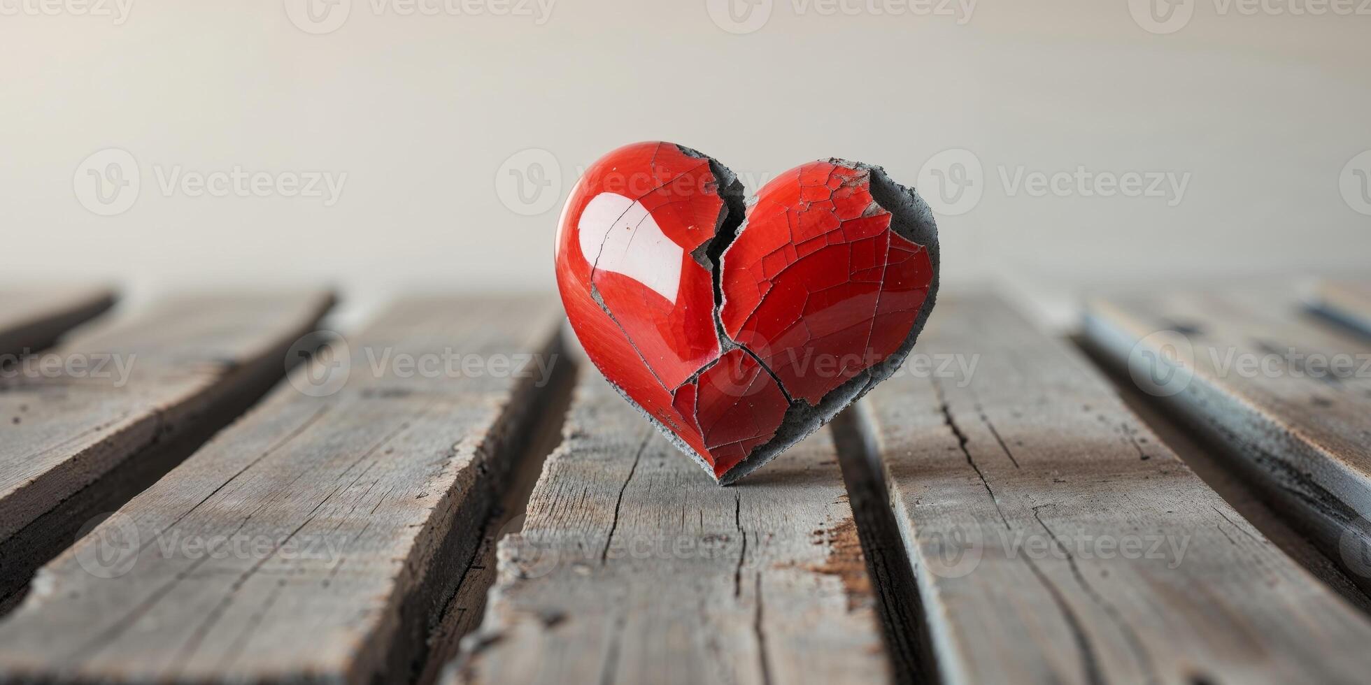 Chipped and cracked red heart resting on weathered wood planks symbolizes heartbreak and lost love photo