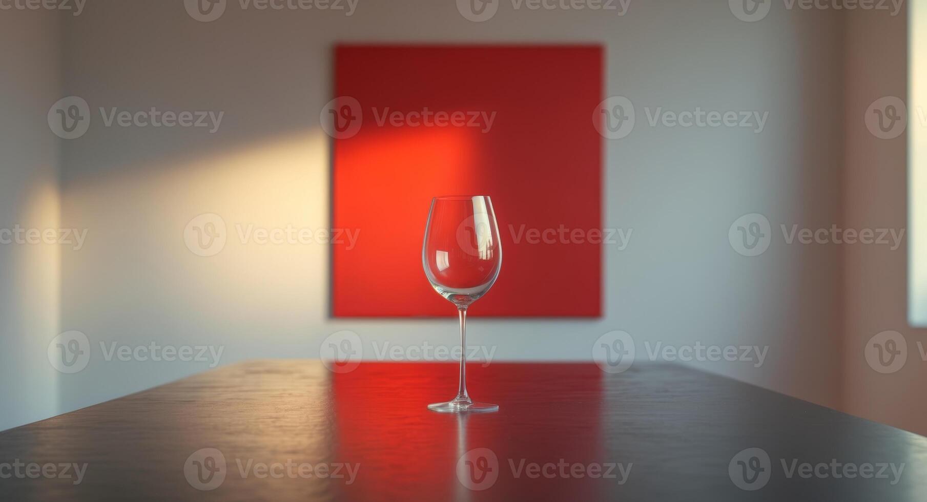 A wine glass is sitting on a table in front of a red wall photo