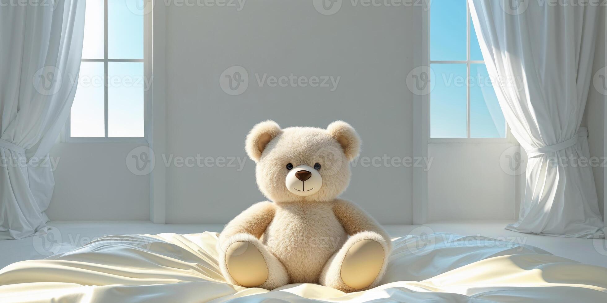 Cute Teddy Bear Sitting on Bed in Bright and Cheerful Room. photo
