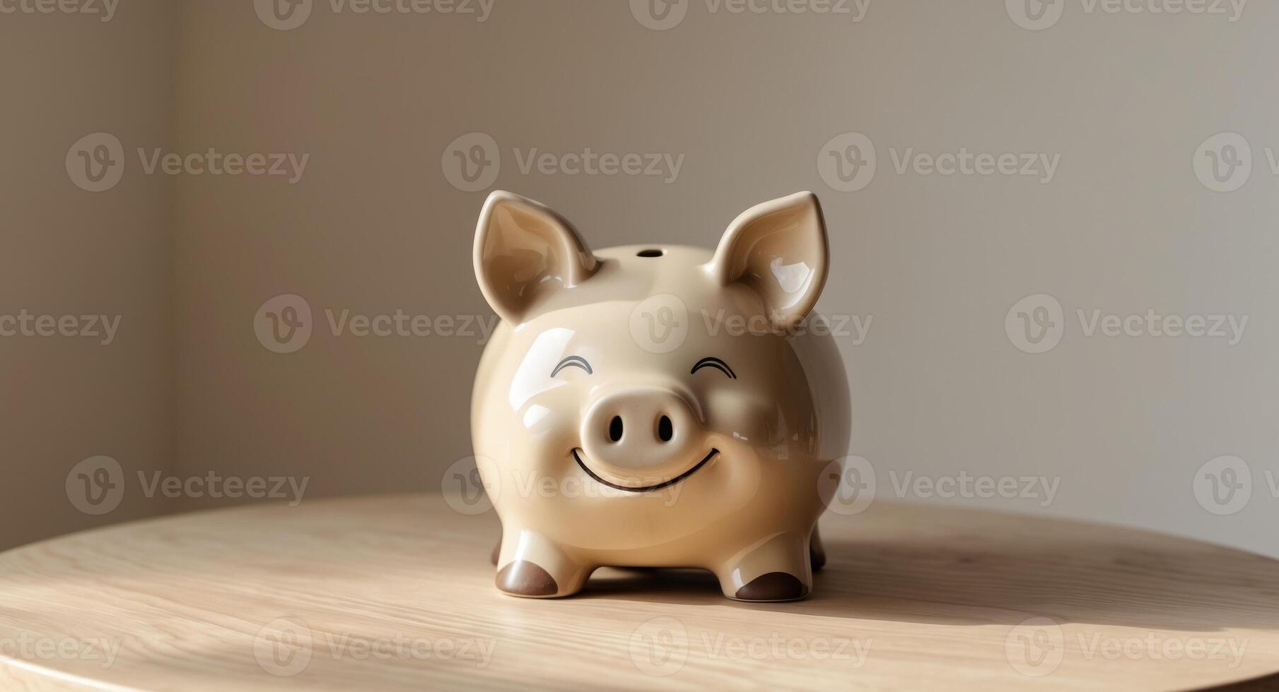 Ceramic piggy bank resting on wooden table showcasing playful design and charming features. photo